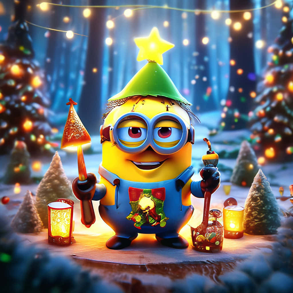 Minion, green Christmas hat, sparklers, SD Desktop Wallpaper