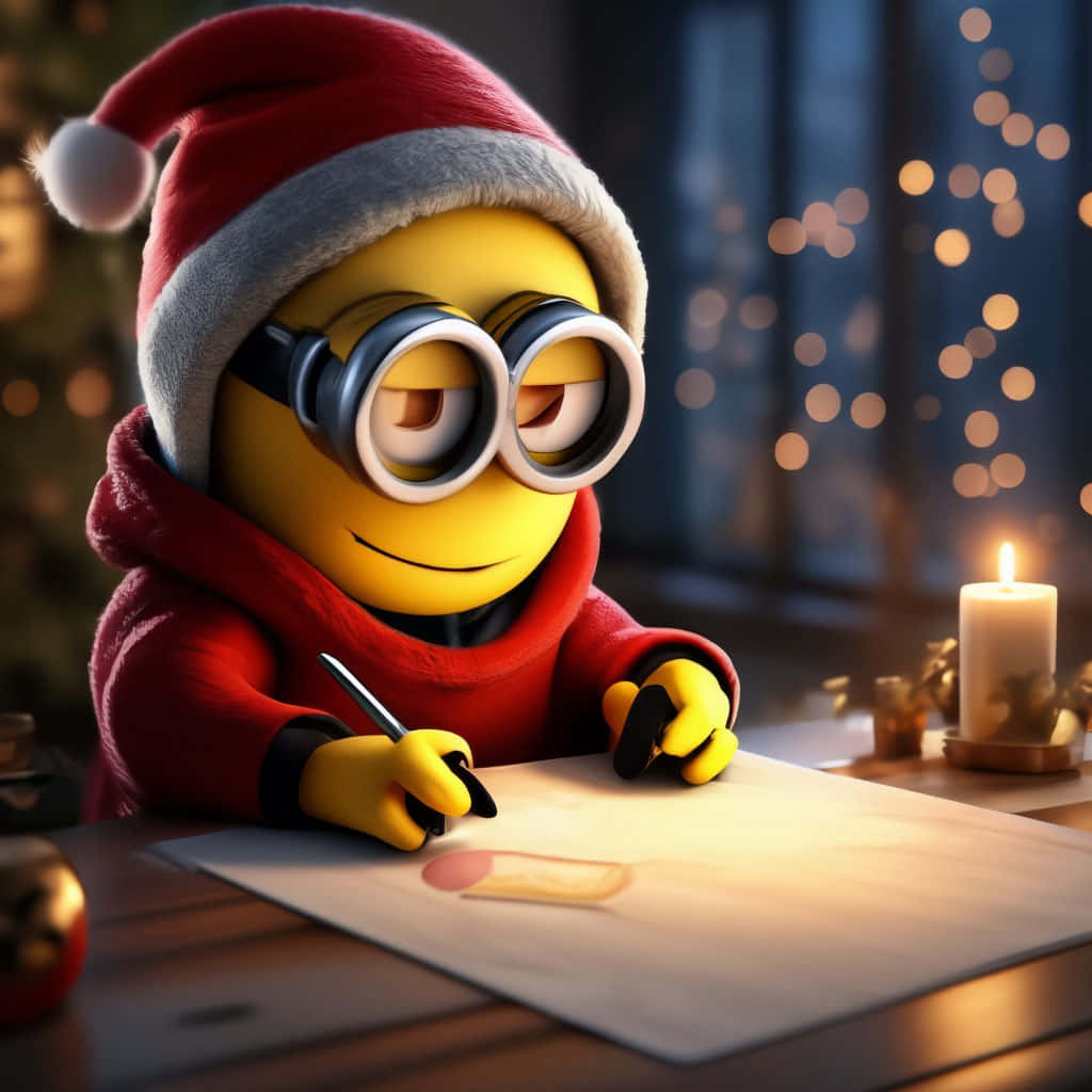 Minion, Santa hat, wooden table, SD Desktop Wallpaper