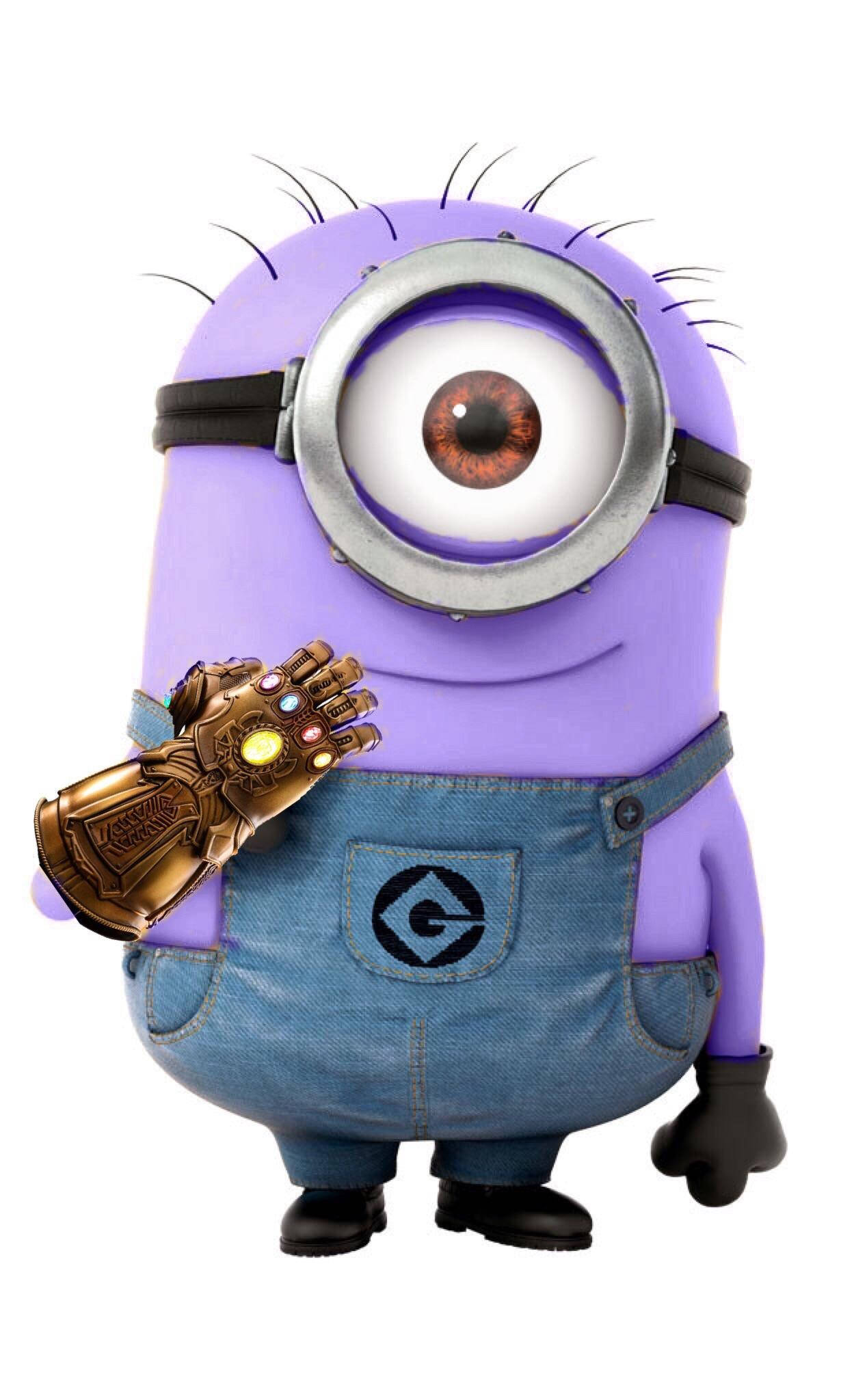purple Minion, denim overalls, golden Infinity Gauntlet, Full HD Phone Wallpaper