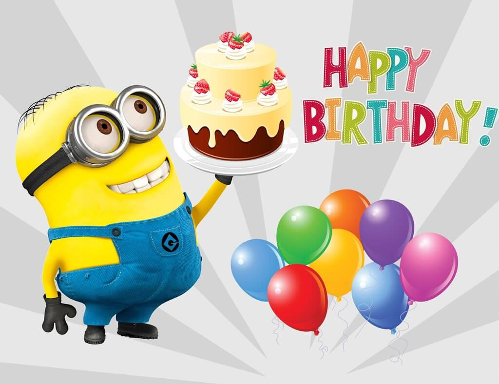 Minion, strawberry cake, colorful balloons, SD Desktop Wallpaper