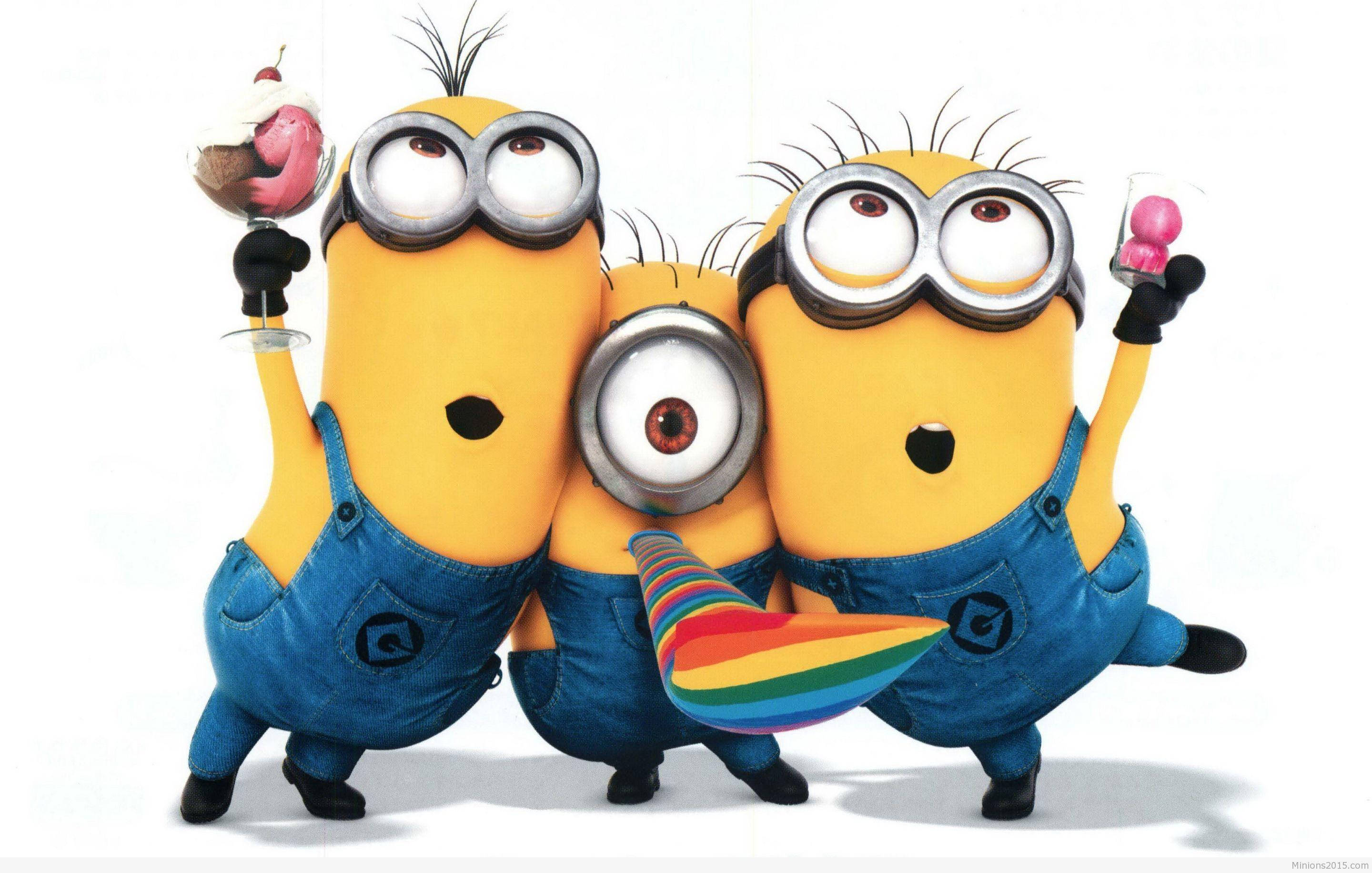 Minions, blue overalls, rainbow party horns, 2K Desktop Wallpaper