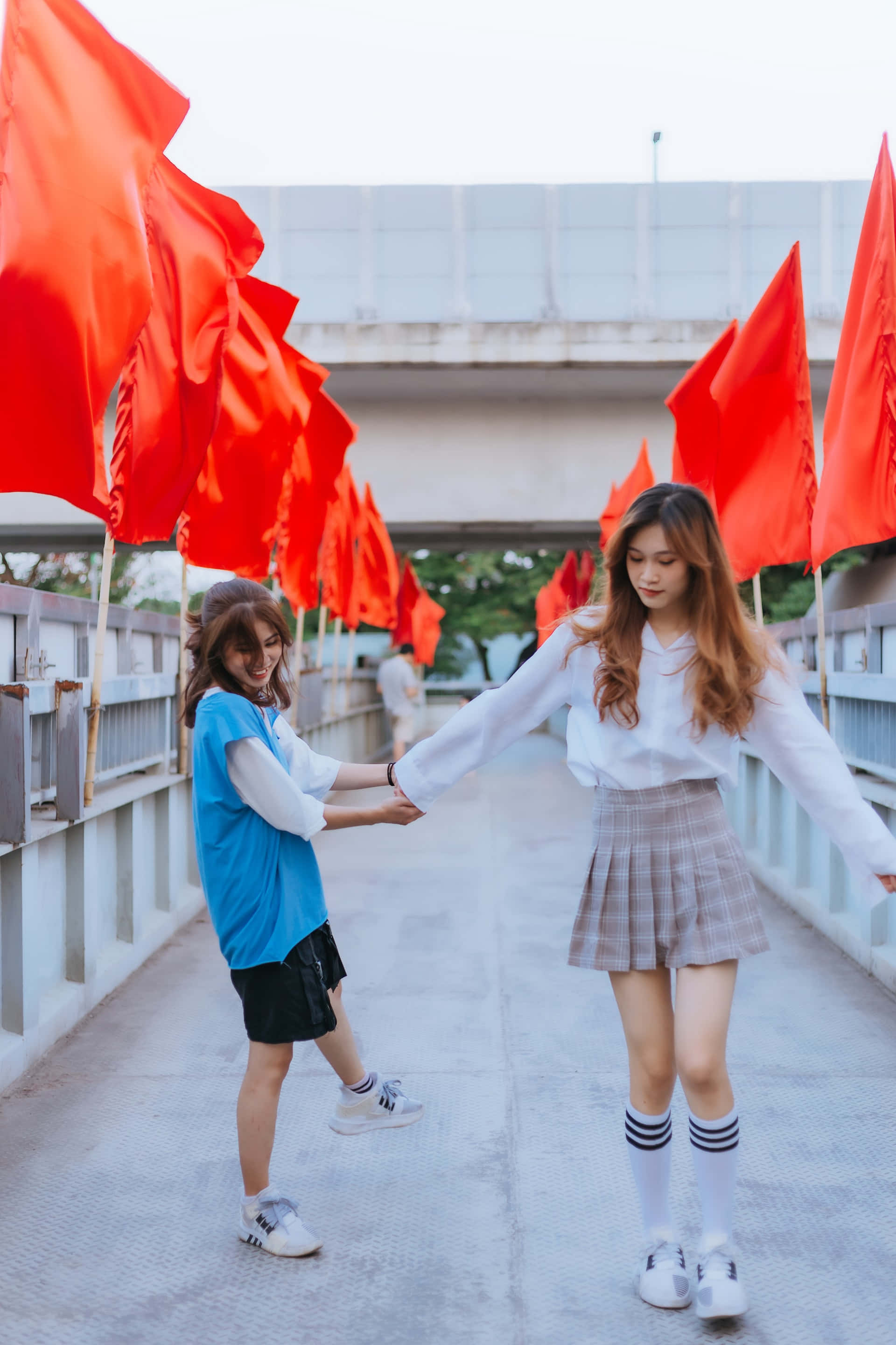pleated miniskirt, school uniform, vibrant red flags, 2K Phone Wallpaper
