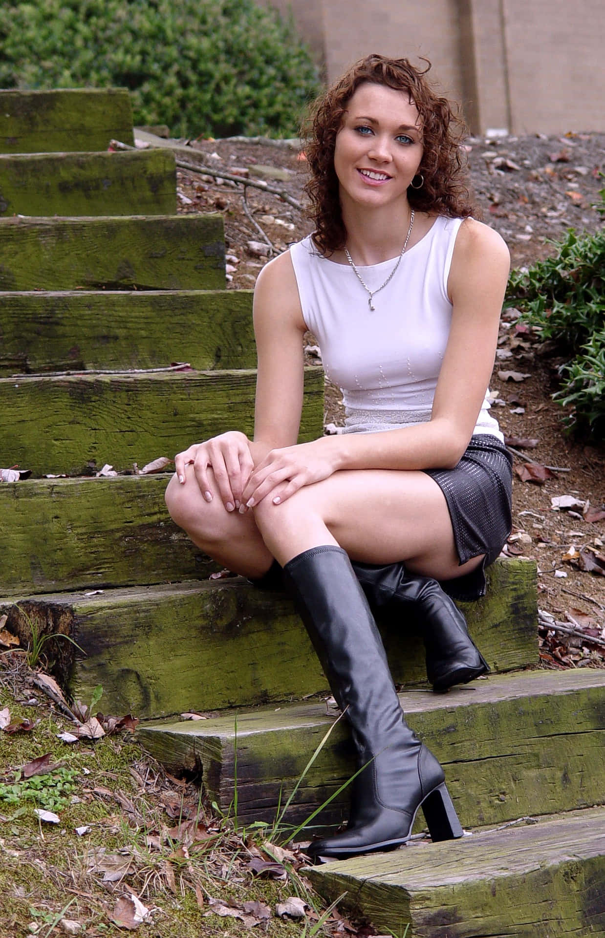black miniskirt, slit, mossy wooden steps, Full HD Phone Wallpaper