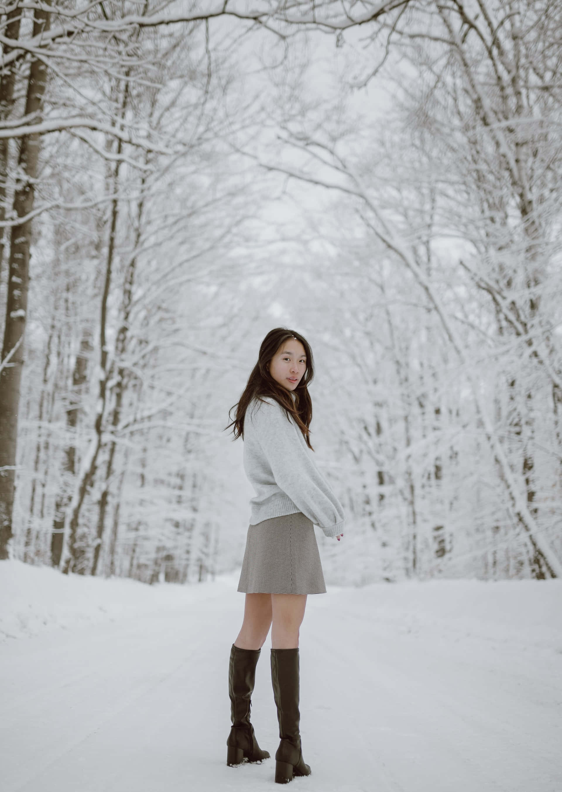 gray miniskirt, winter, snowy path, 2K Phone Wallpaper