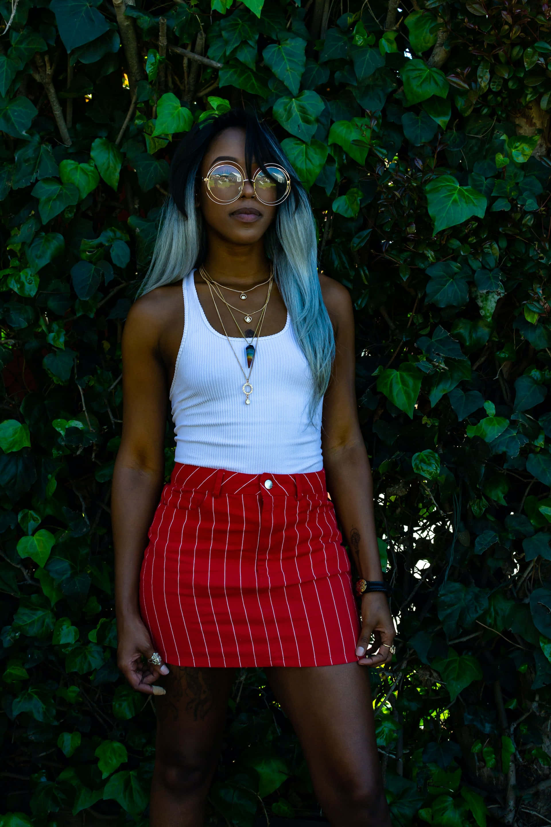 red pinstripe mini skirt, white tank top, blue-tipped hair, 2K Phone Wallpaper