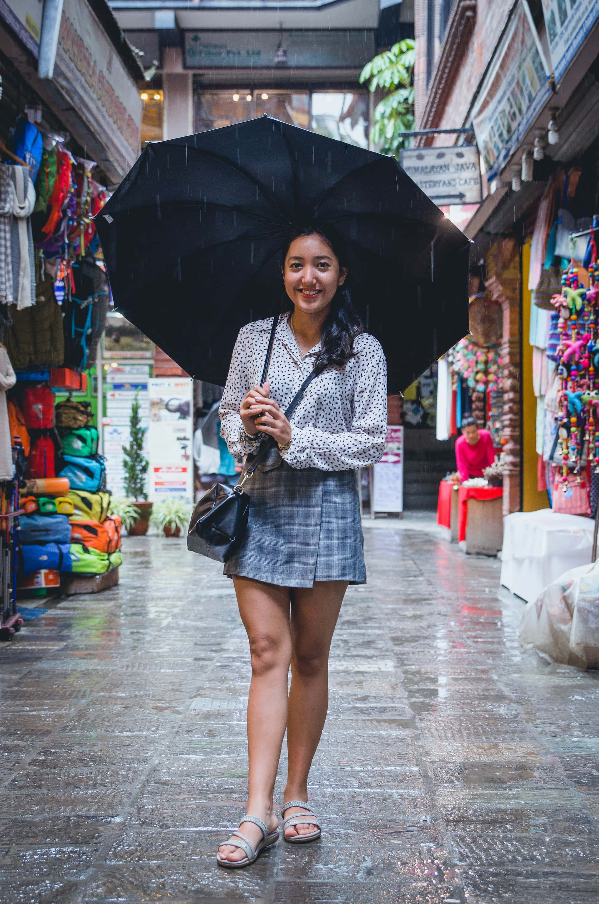 gray plaid miniskirt, black umbrella, rain, 2K Phone Wallpaper