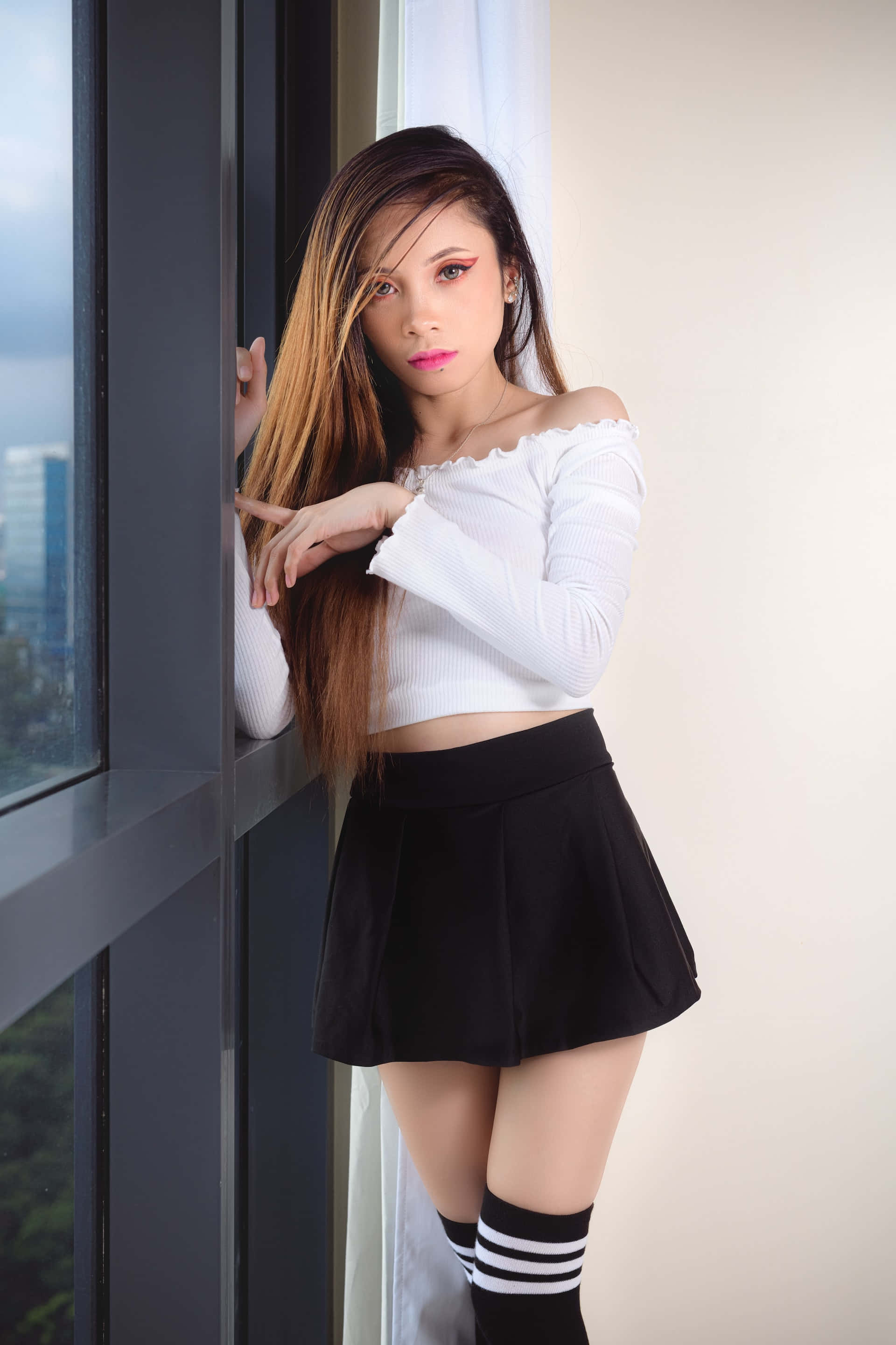 black pleated skirt, white off-shoulder top, modern window, 2K Phone Wallpaper