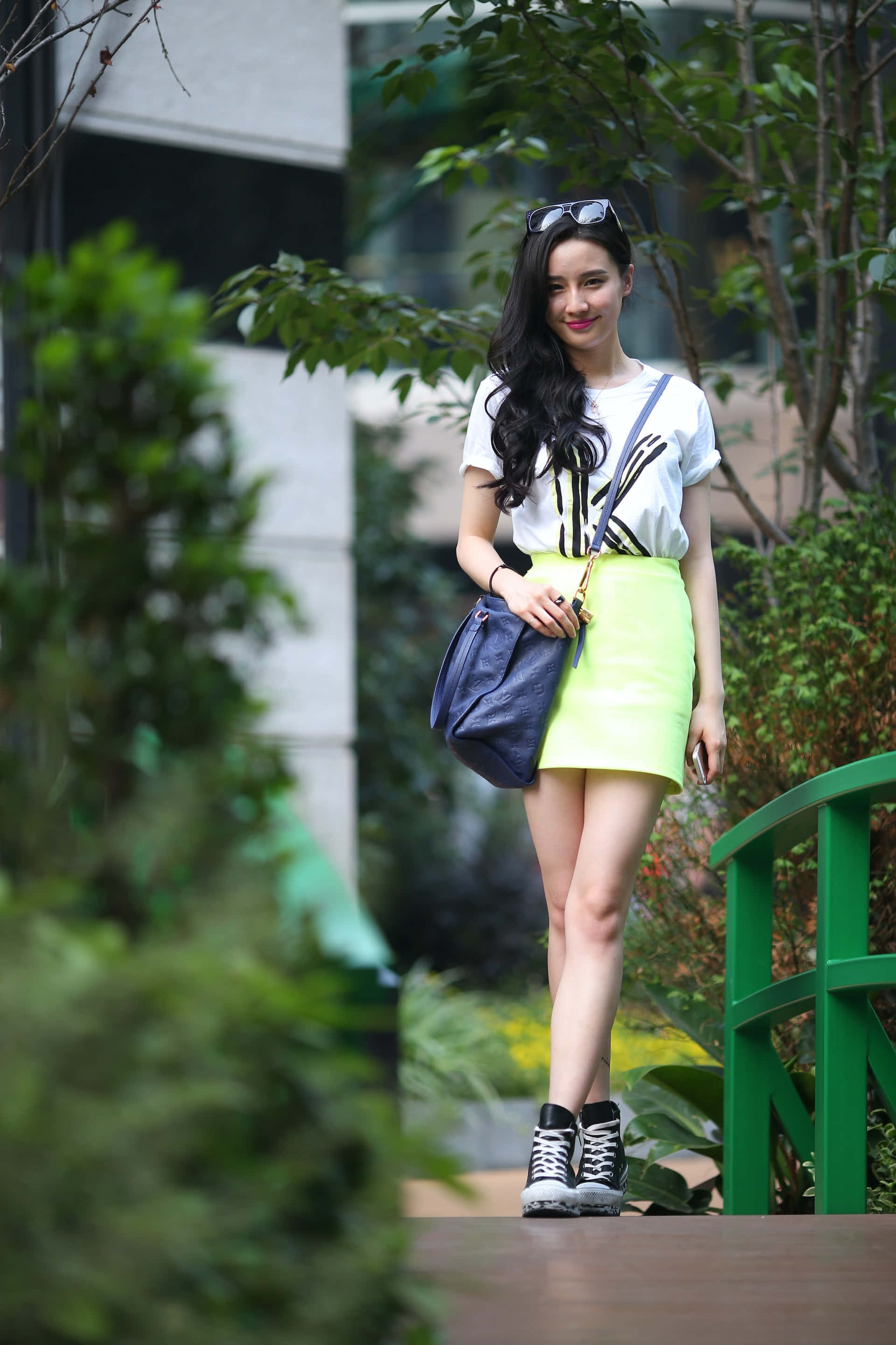yellow miniskirt, neon yellow, wooden bridge, 2K Phone Wallpaper
