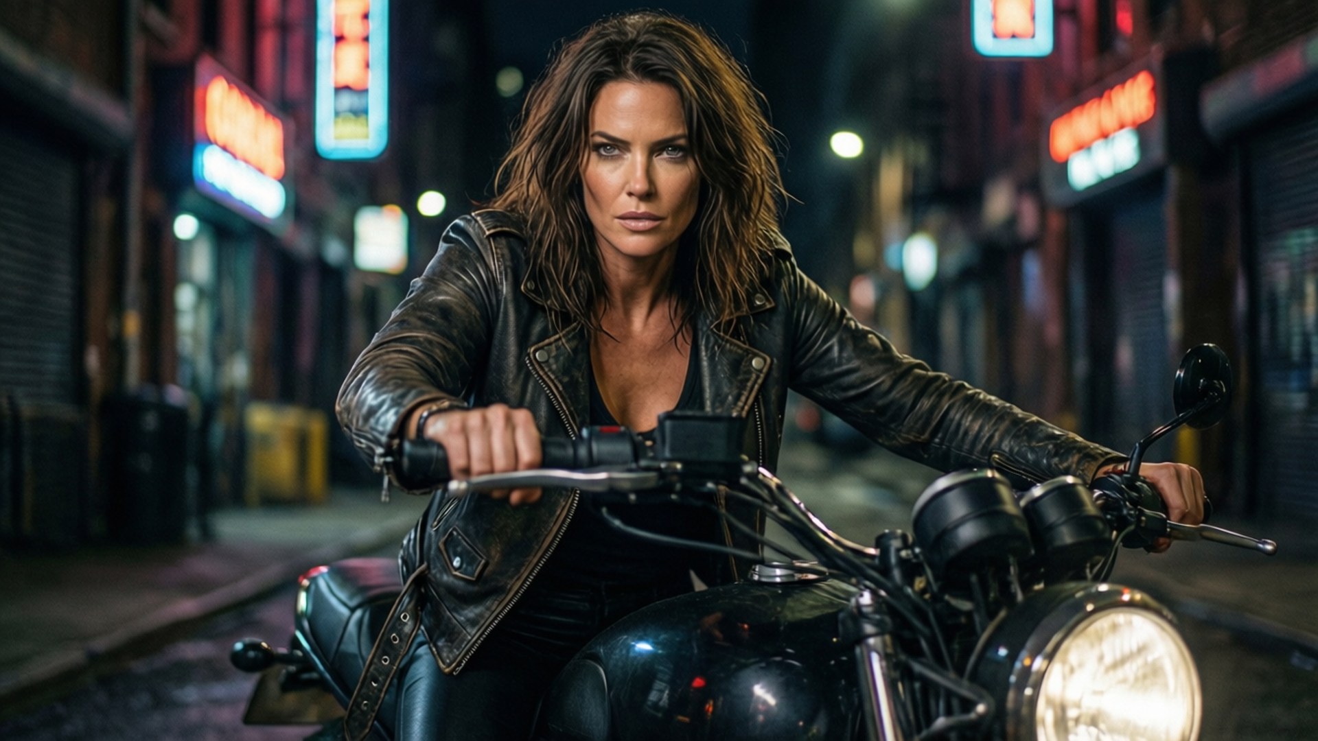 Minka Kelly, leather jacket, motorcycle, Full HD Desktop Wallpaper