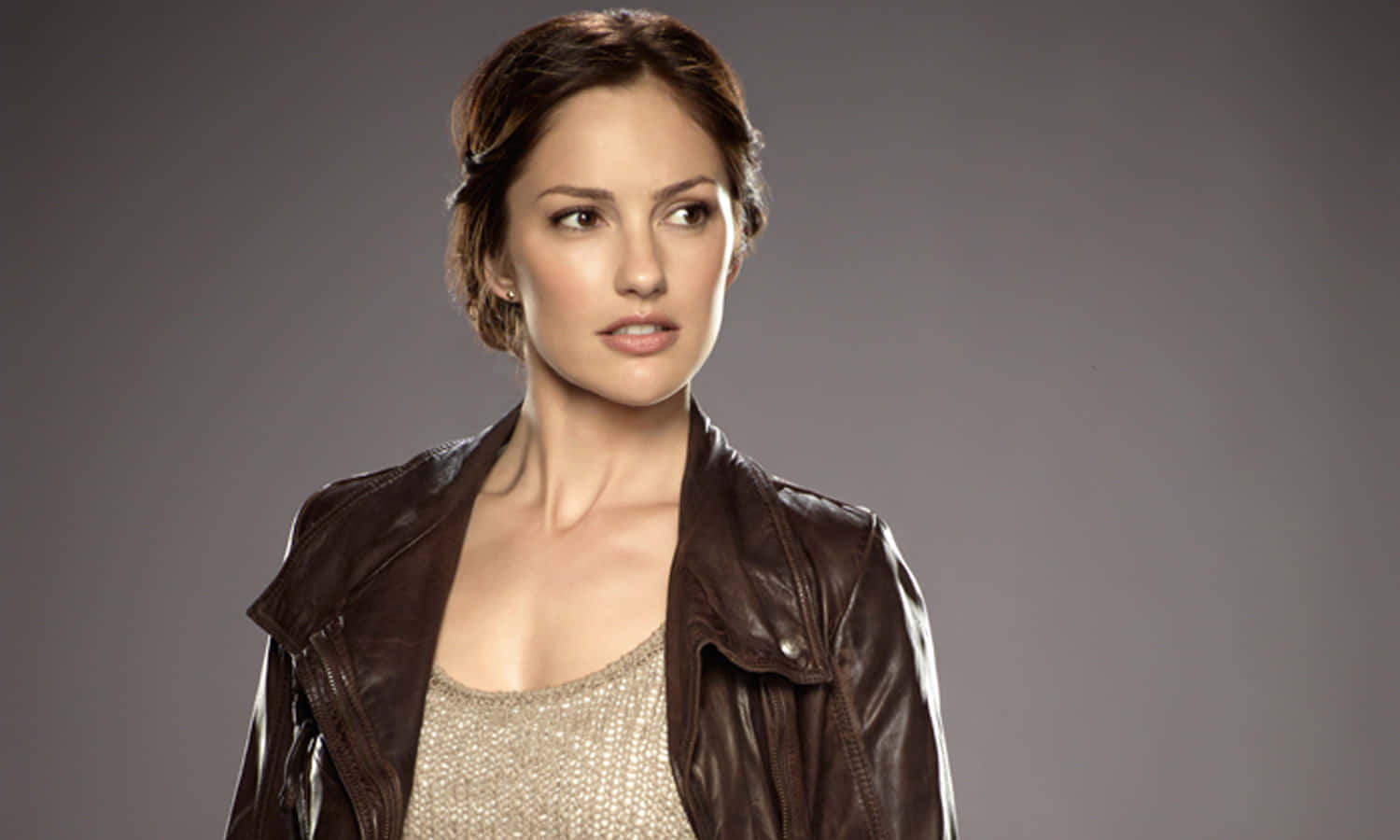 Minka Kelly, brown leather jacket, sparkly top, HD Desktop Wallpaper