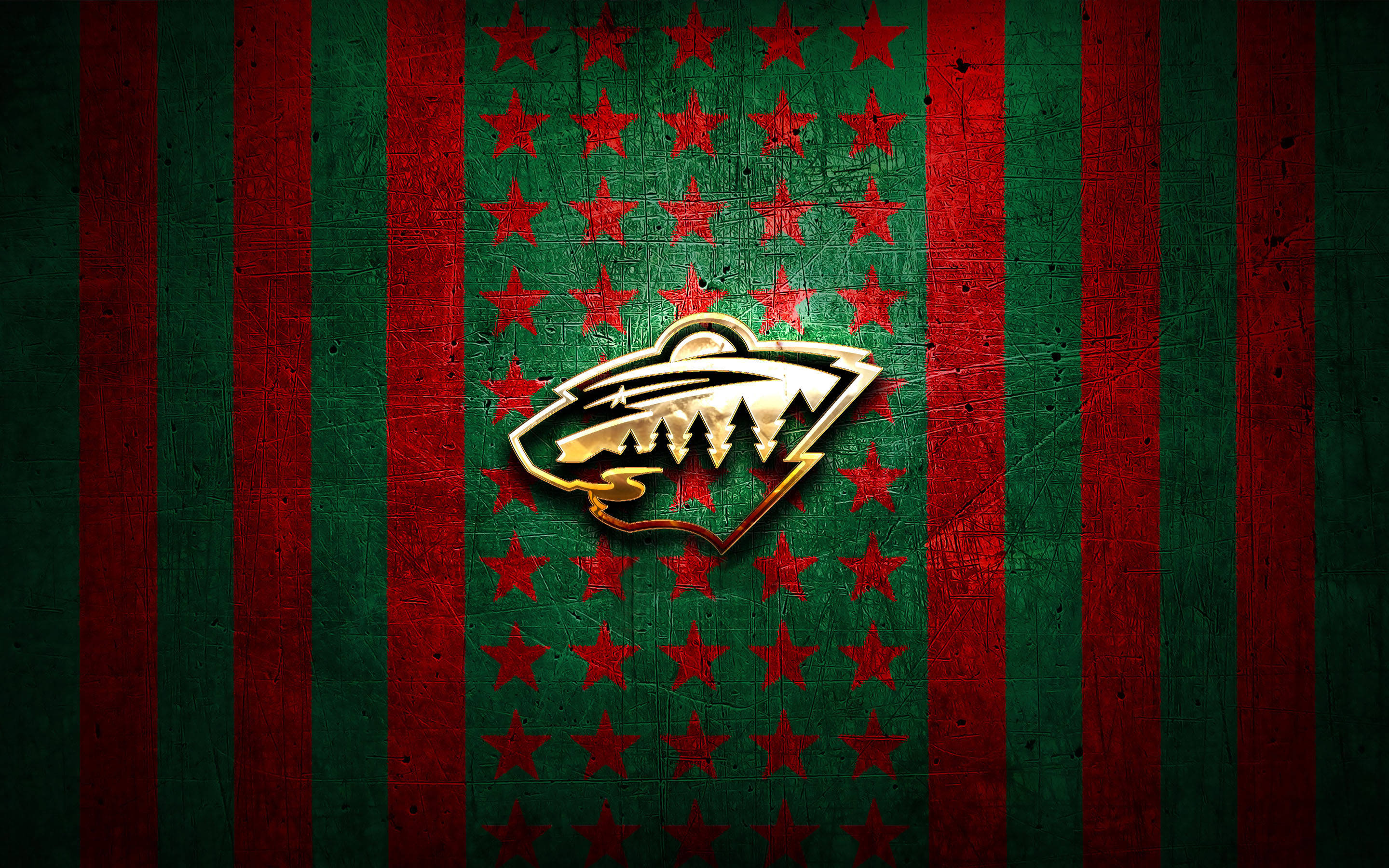 Minnesota Wild, gold, red and green striped background, 2K Desktop Wallpaper