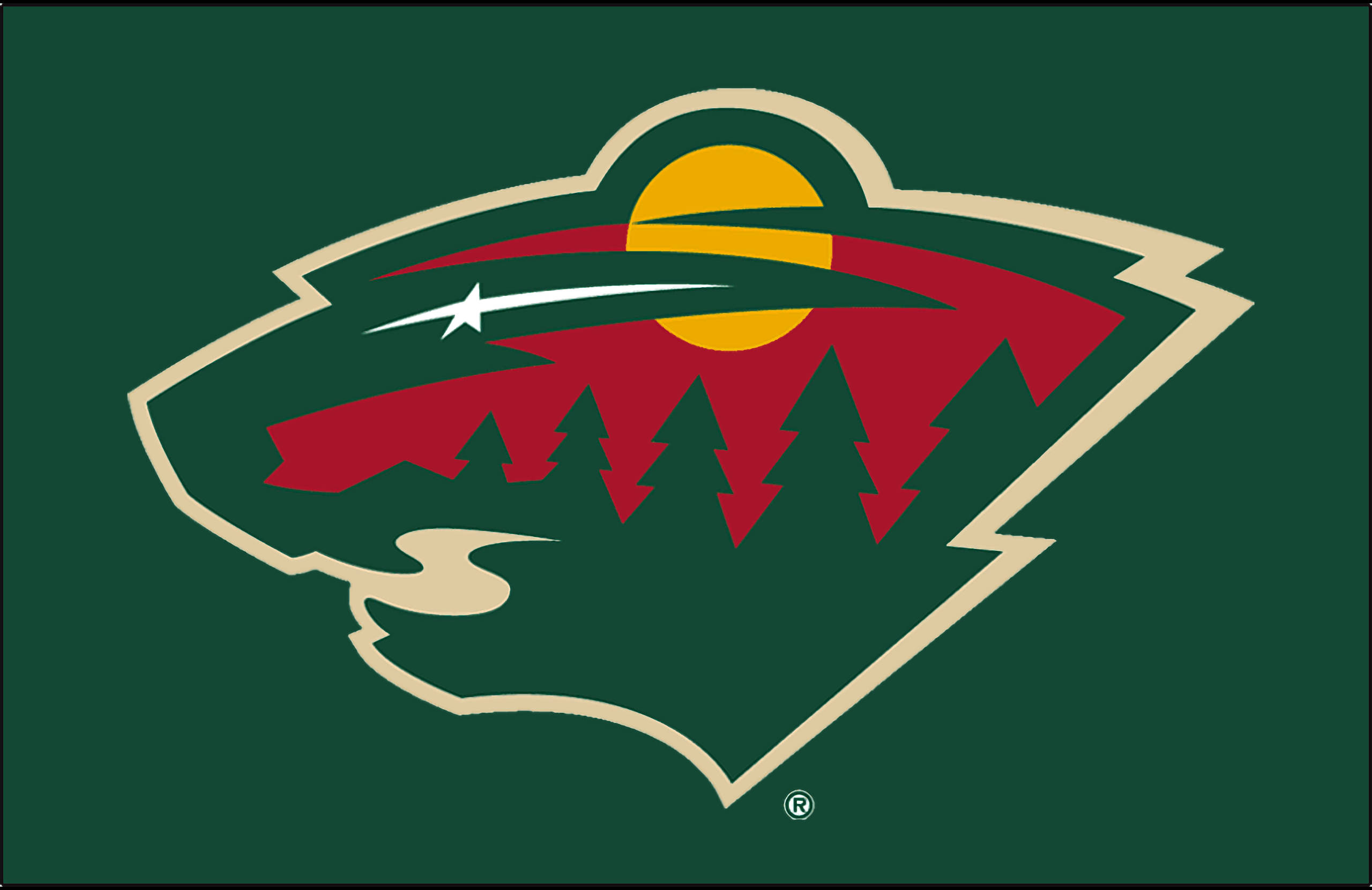 Minnesota Wild, green background, stylized wolf head logo, 2K Desktop Wallpaper