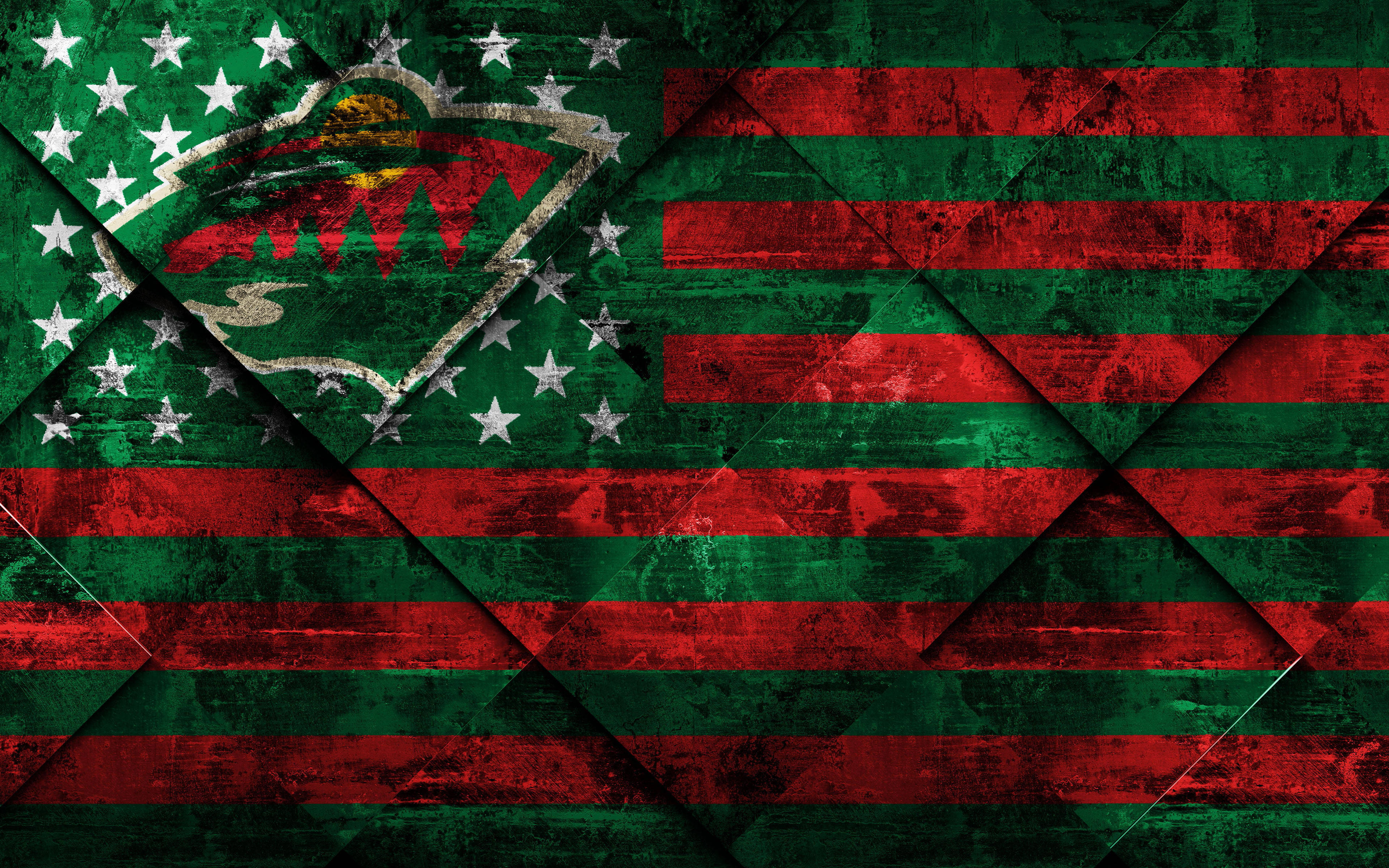 Minnesota Wild, rhombus flag, grizzly bear emblem, 4K Desktop Wallpaper