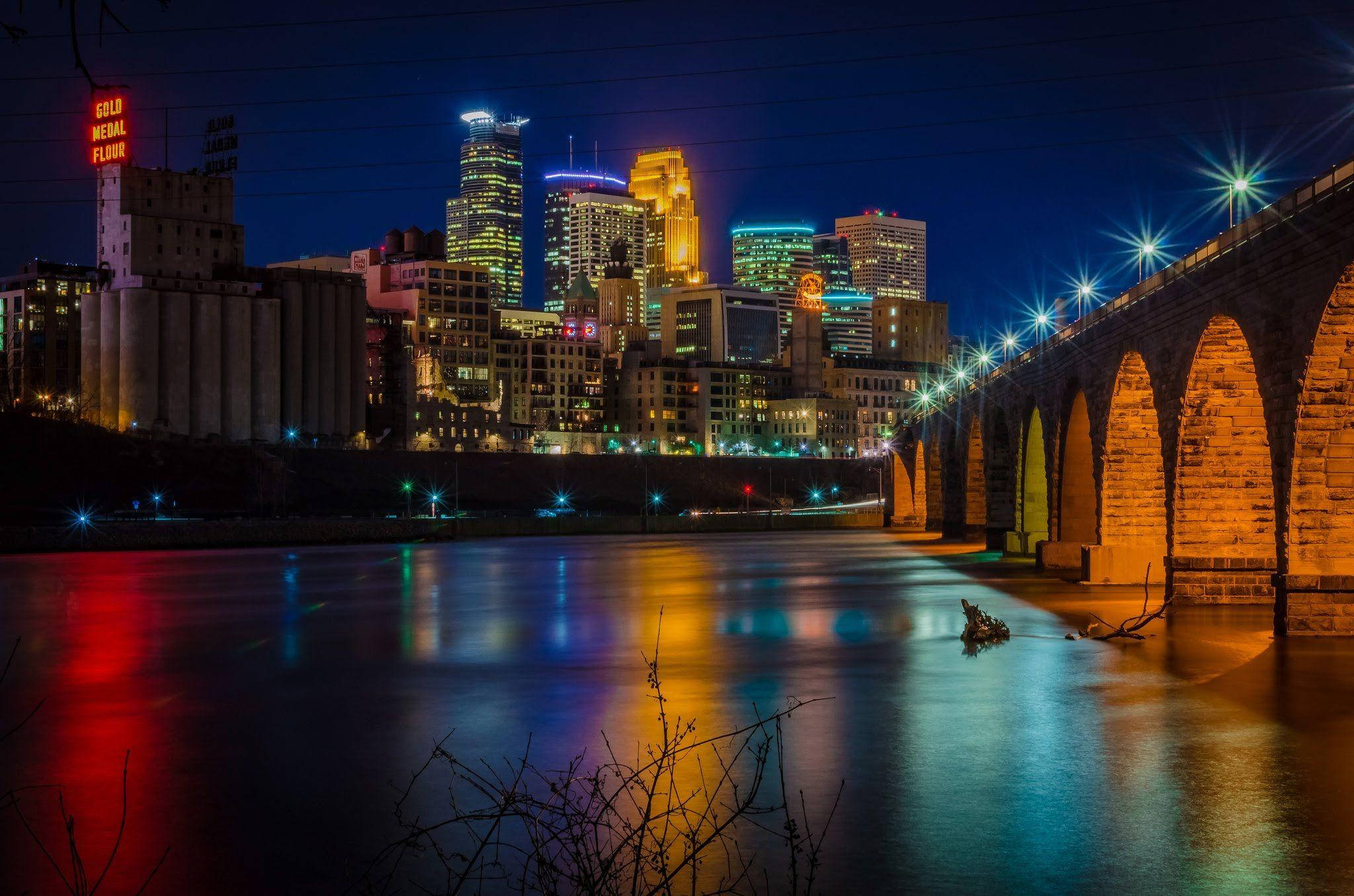 Minnesota, stone arch bridge, nighttime cityscape, Full HD Desktop Wallpaper