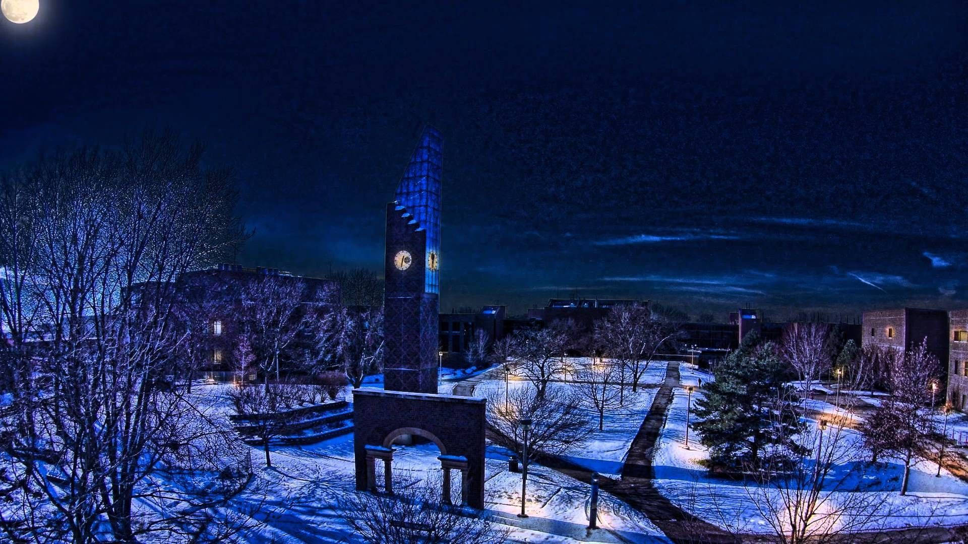Minnesota, snow-covered campus, glowing clock tower, Full HD Desktop Wallpaper