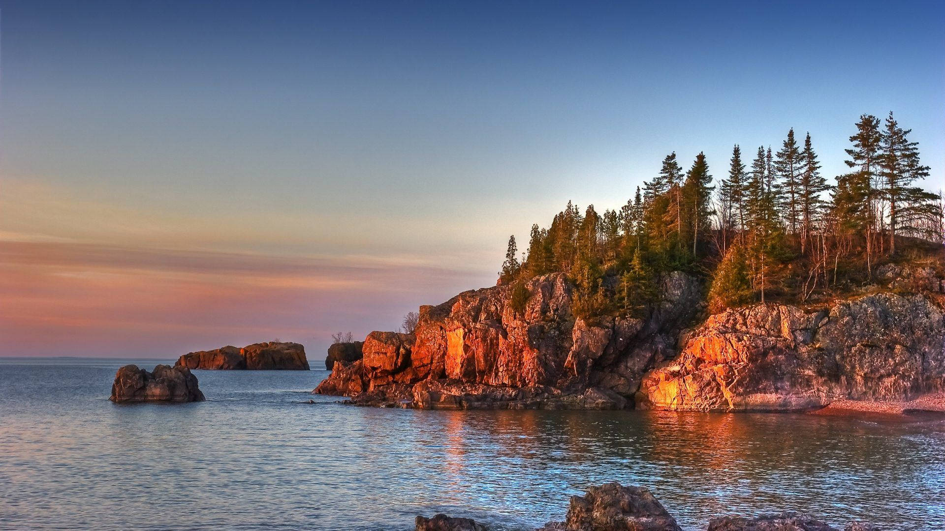 Minnesota, rocky cliffs, pine trees, Full HD Desktop Wallpaper