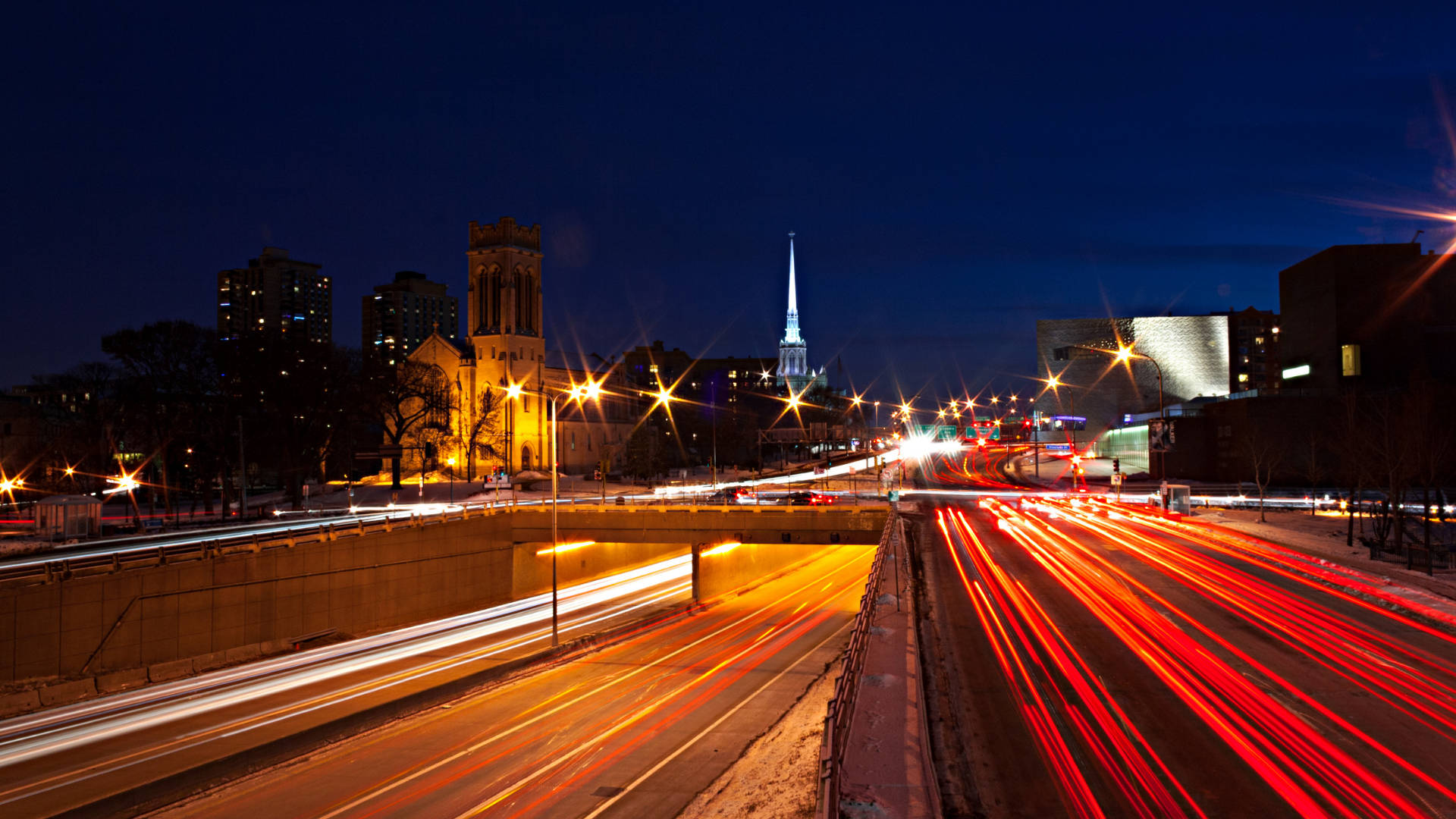 Minnesota, highway, red and white car lights, Full HD Desktop Wallpaper