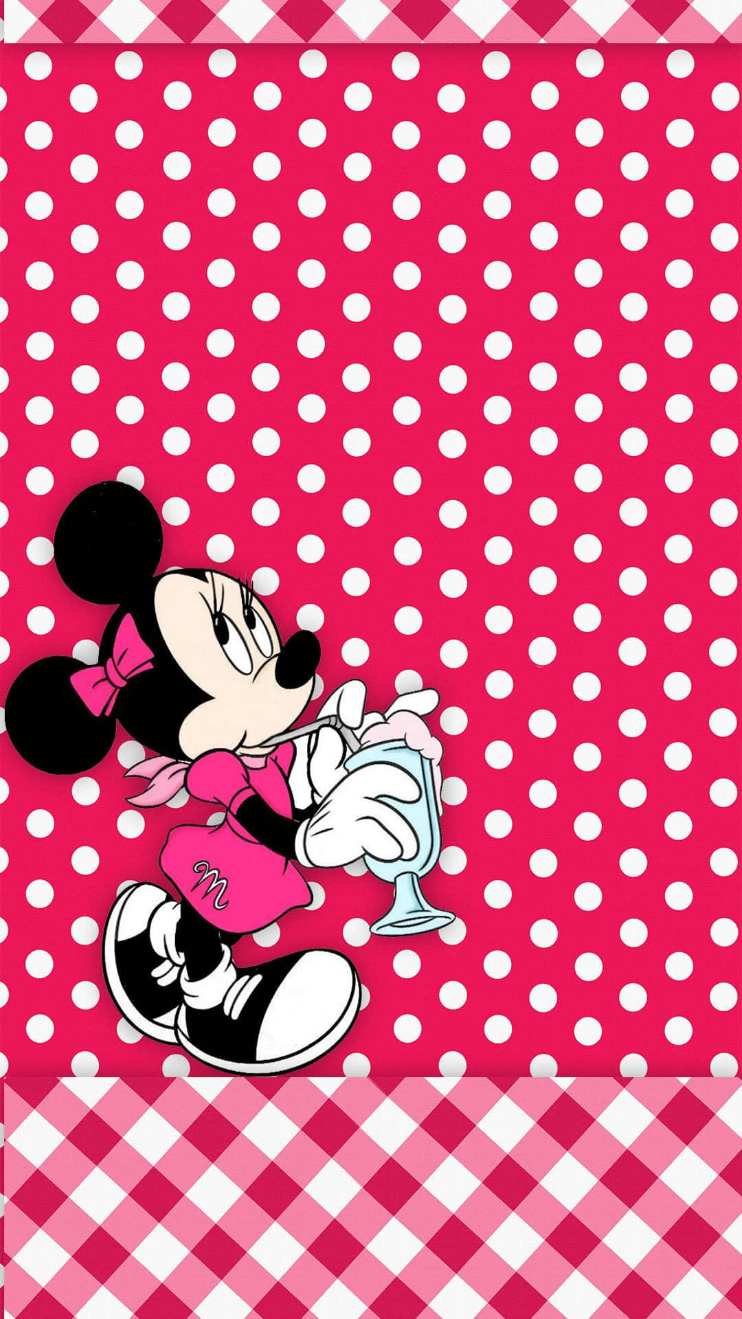 Minnie Mouse, pink dress, vibrant pink and white polka dot background, Full HD Phone Wallpaper