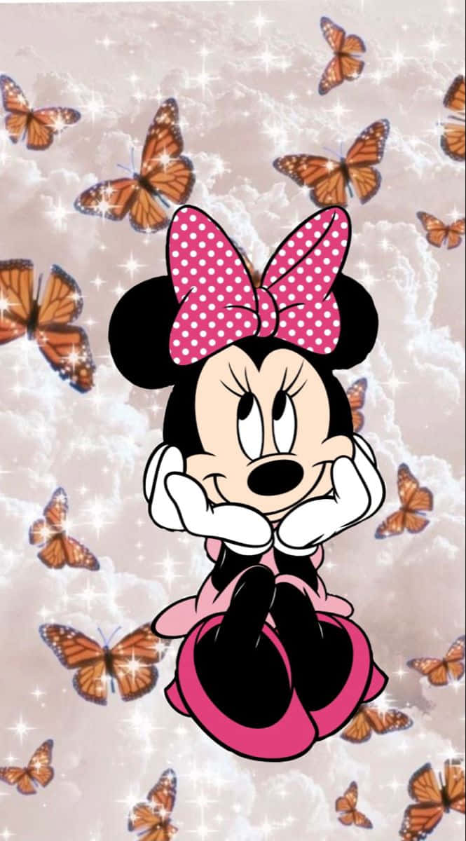 Minnie Mouse, pink polka dot bow, monarch butterflies, SD Phone Wallpaper