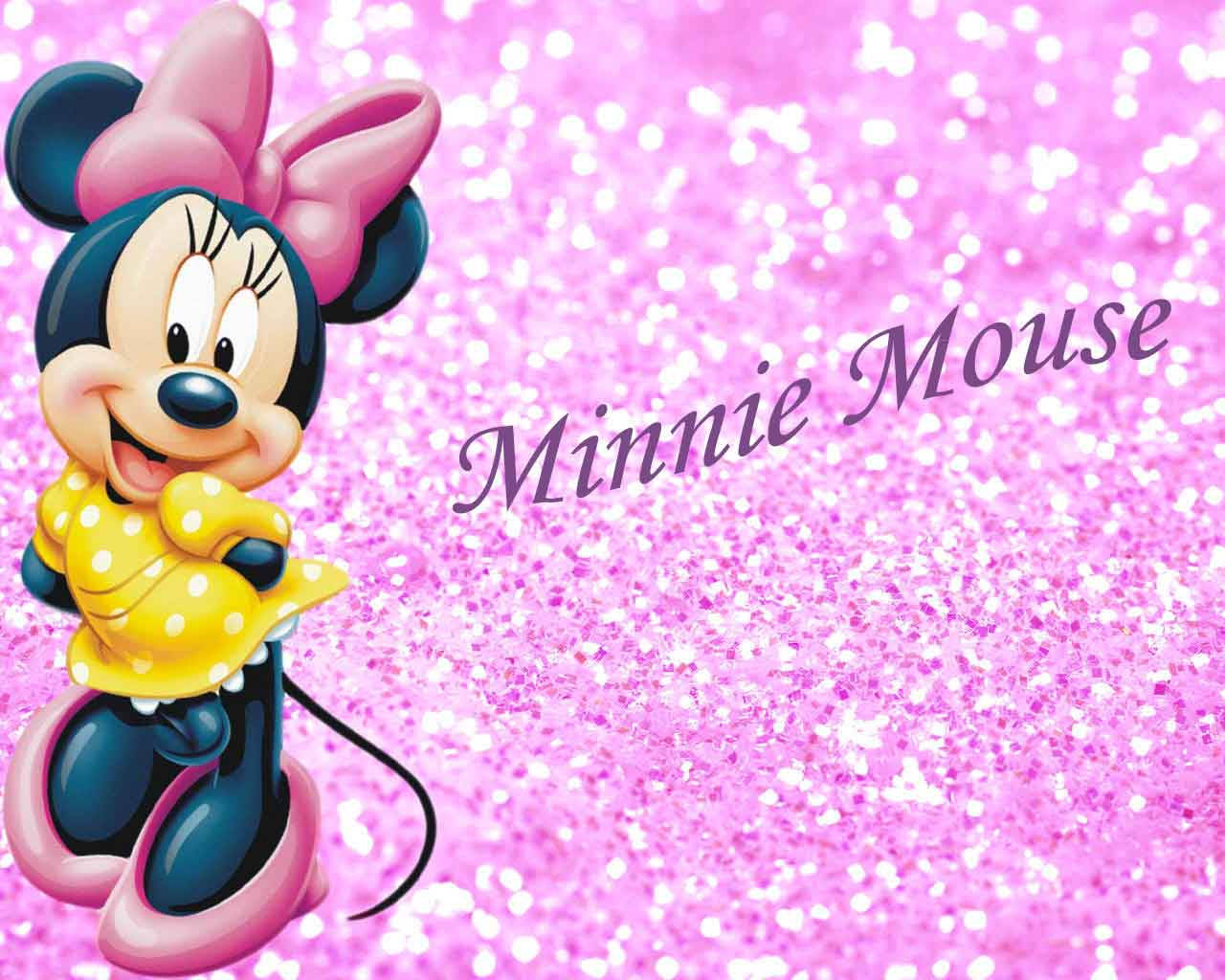 Minnie Mouse, yellow polka dot dress, sparkling pink glitter background, HD Desktop Wallpaper