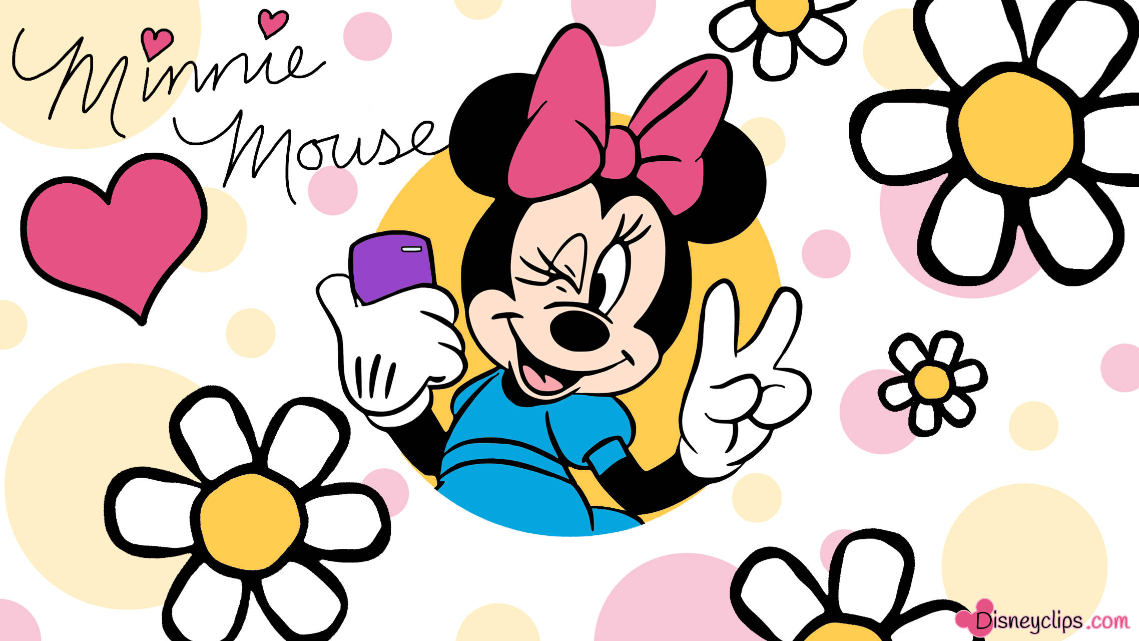 Minnie Mouse, phone, daisies, Full HD Desktop Wallpaper