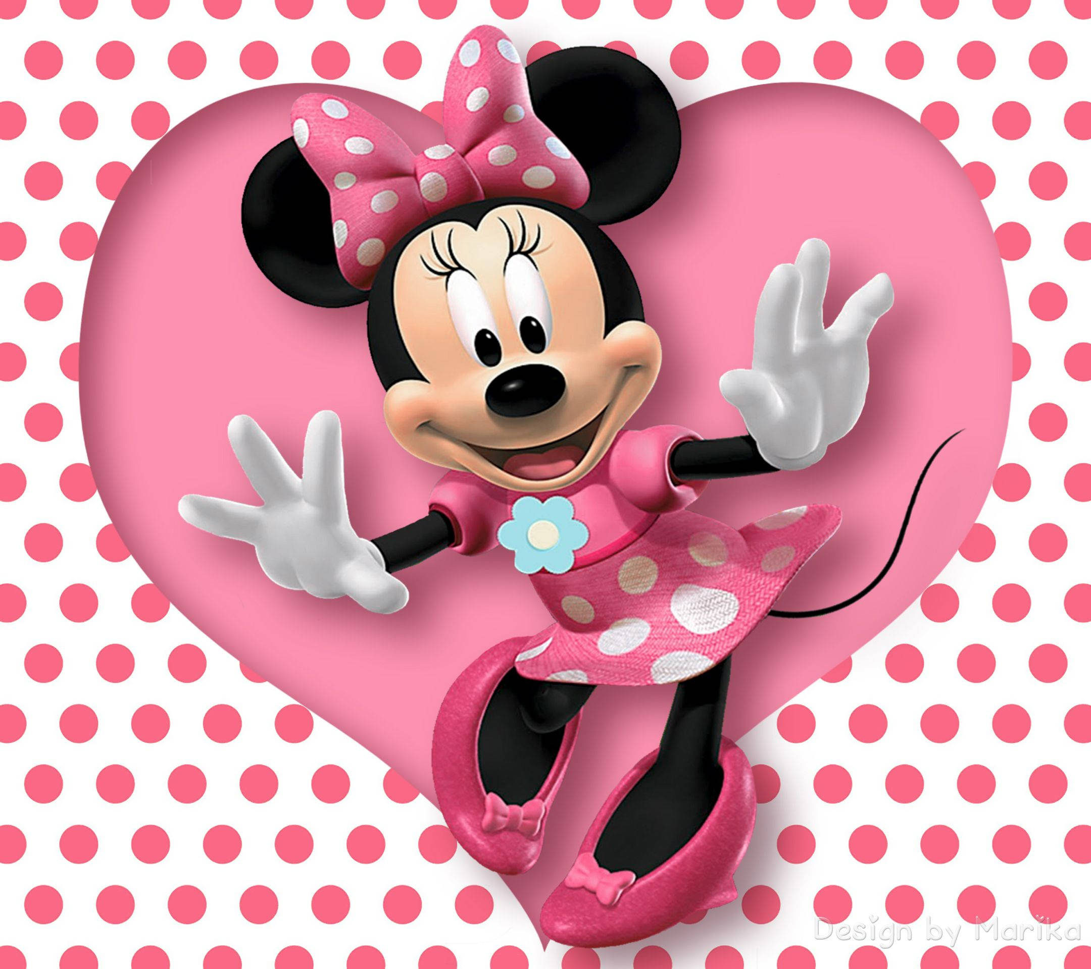 Minnie Mouse, pink polka dot dress, large pink heart, Full HD Desktop Wallpaper