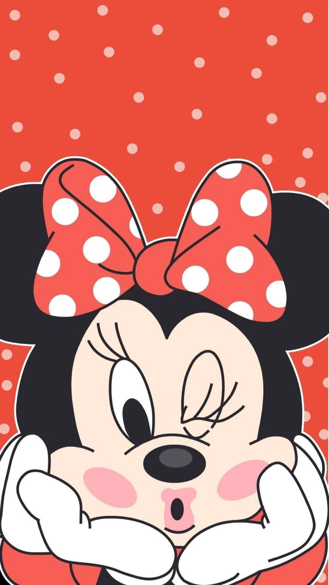 Minnie Mouse, red polka dot background, winks playfully, Full HD Phone Wallpaper