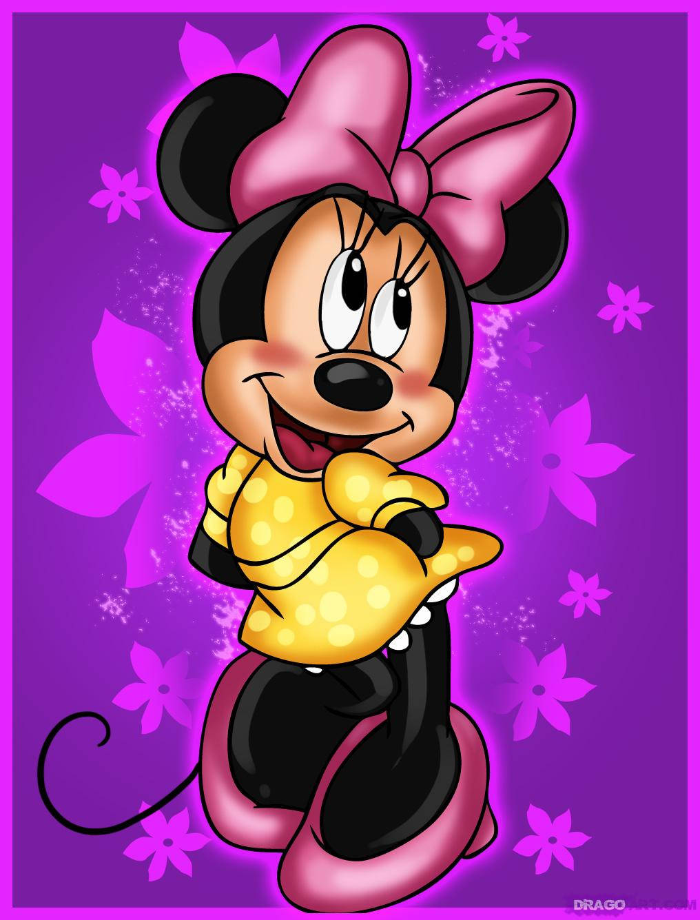 Minnie Mouse, yellow polka-dot dress, vibrant purple floral background, HD Phone Wallpaper