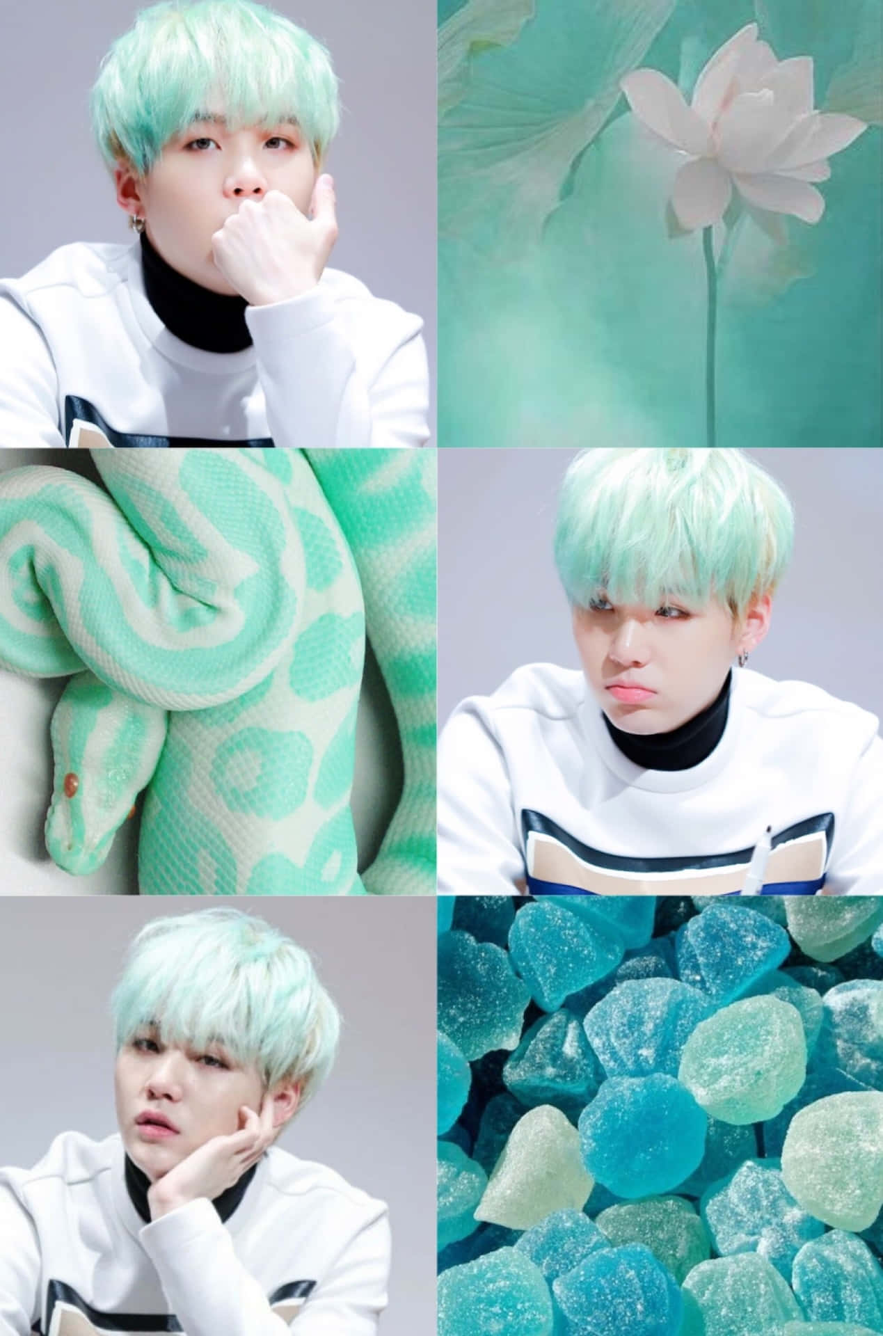 mint green hair, white lotus, green snake, Full HD Phone Wallpaper