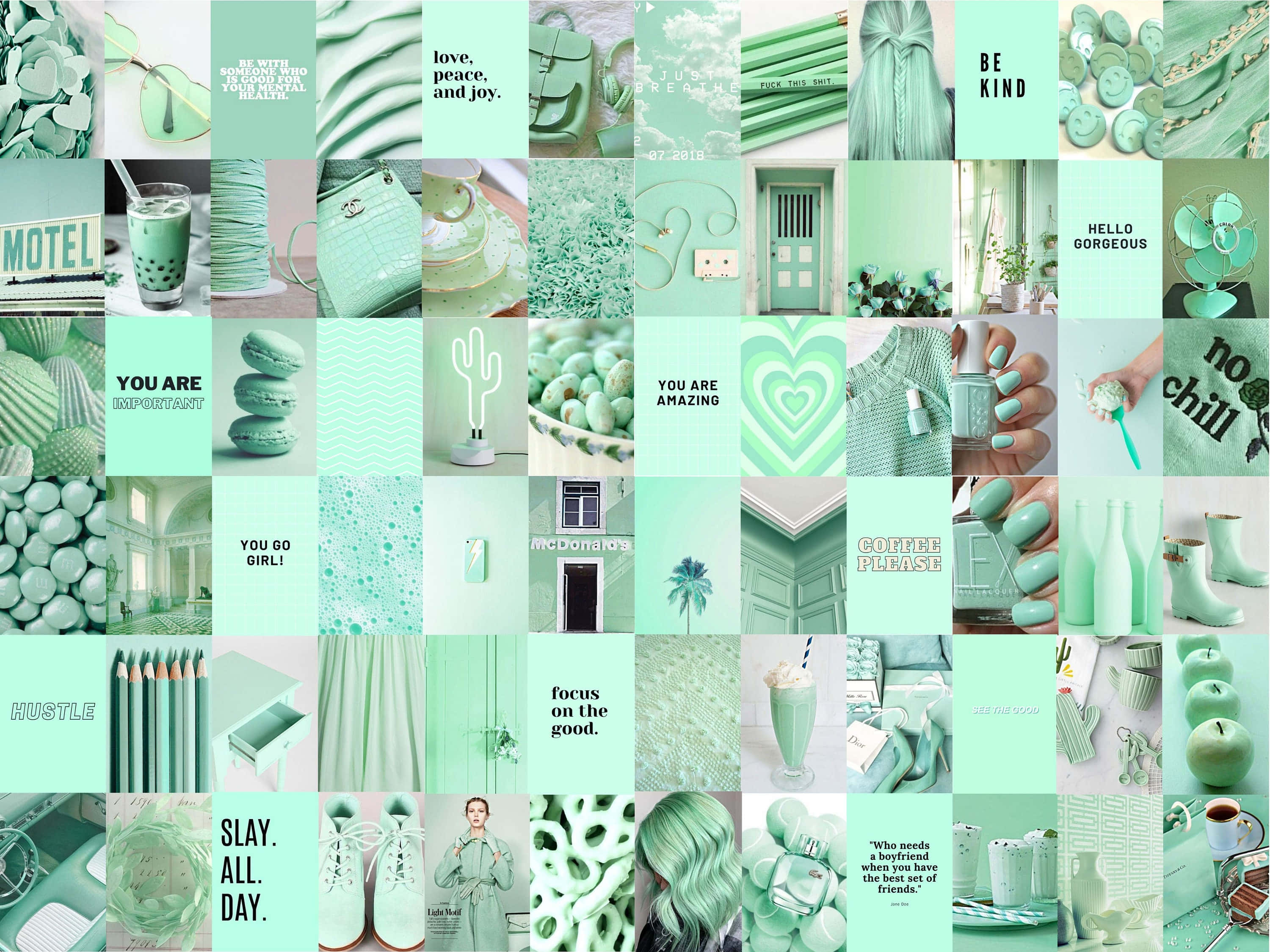 mint green aesthetic, pastel grid layout, motivational quotes, 2K Desktop Wallpaper