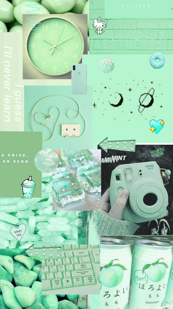 mint green, collage wallpaper, clock, HD Phone Wallpaper