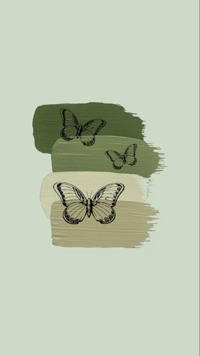 Mint Green iPhone, black line-drawn butterflies, olive sage, SD Phone Wallpaper