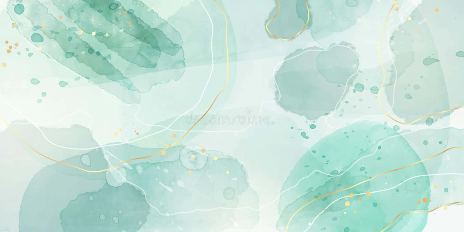 Mint Green Marble, soft teal watercolor splashes, gold lines and dots, HD Desktop Wallpaper