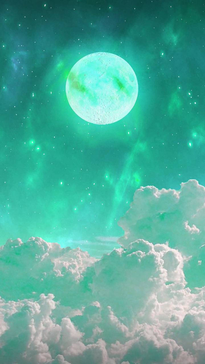 Mint Green Moon, glowing green moon, fluffy white clouds, HD Phone Wallpaper