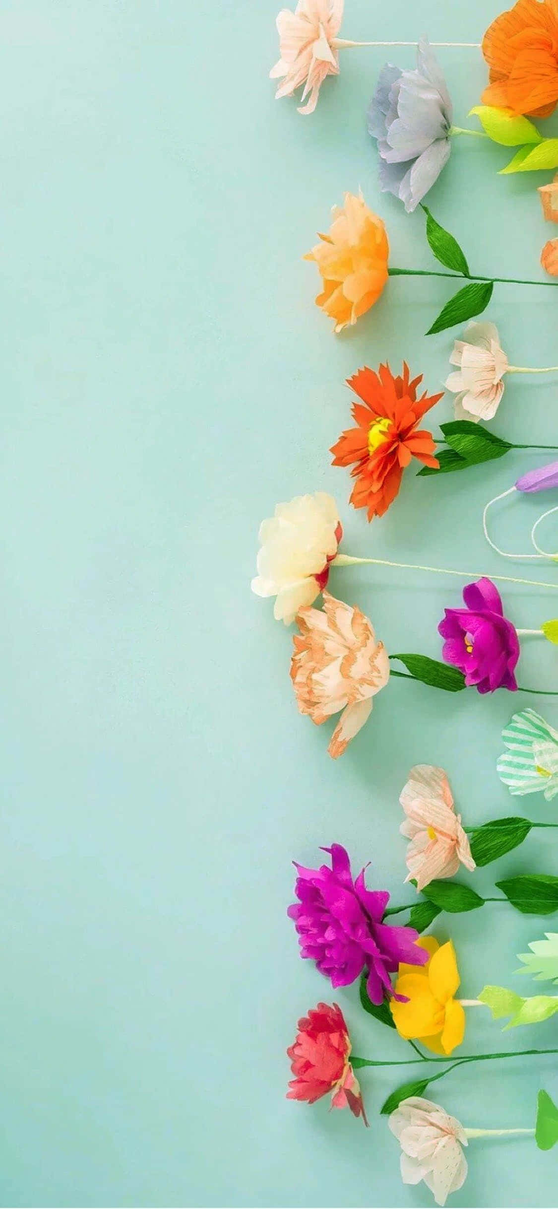 mint green, paper flowers, orange, Full HD Phone Wallpaper