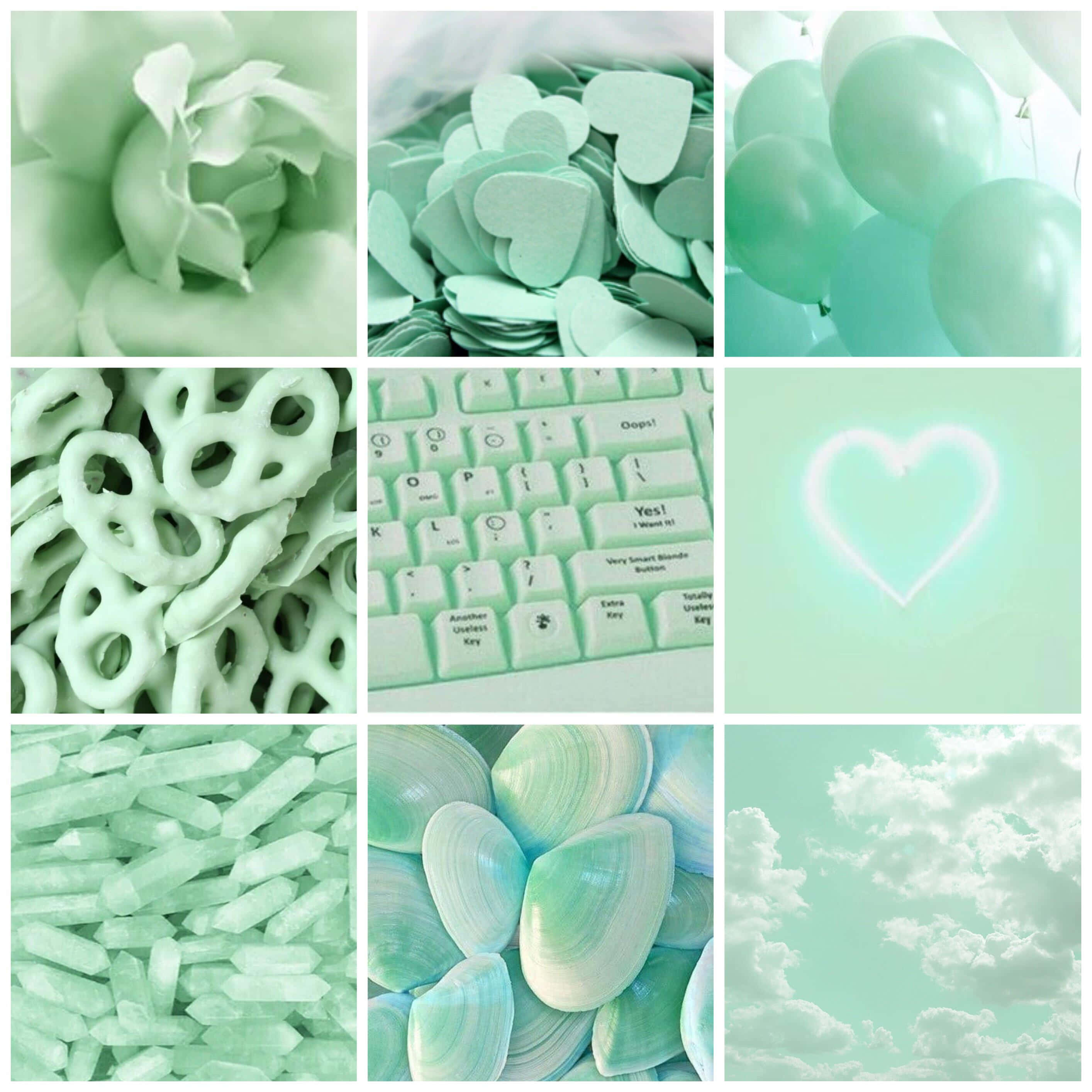 mint green, rose heart-shaped confetti, keyboard, 2K Desktop Wallpaper