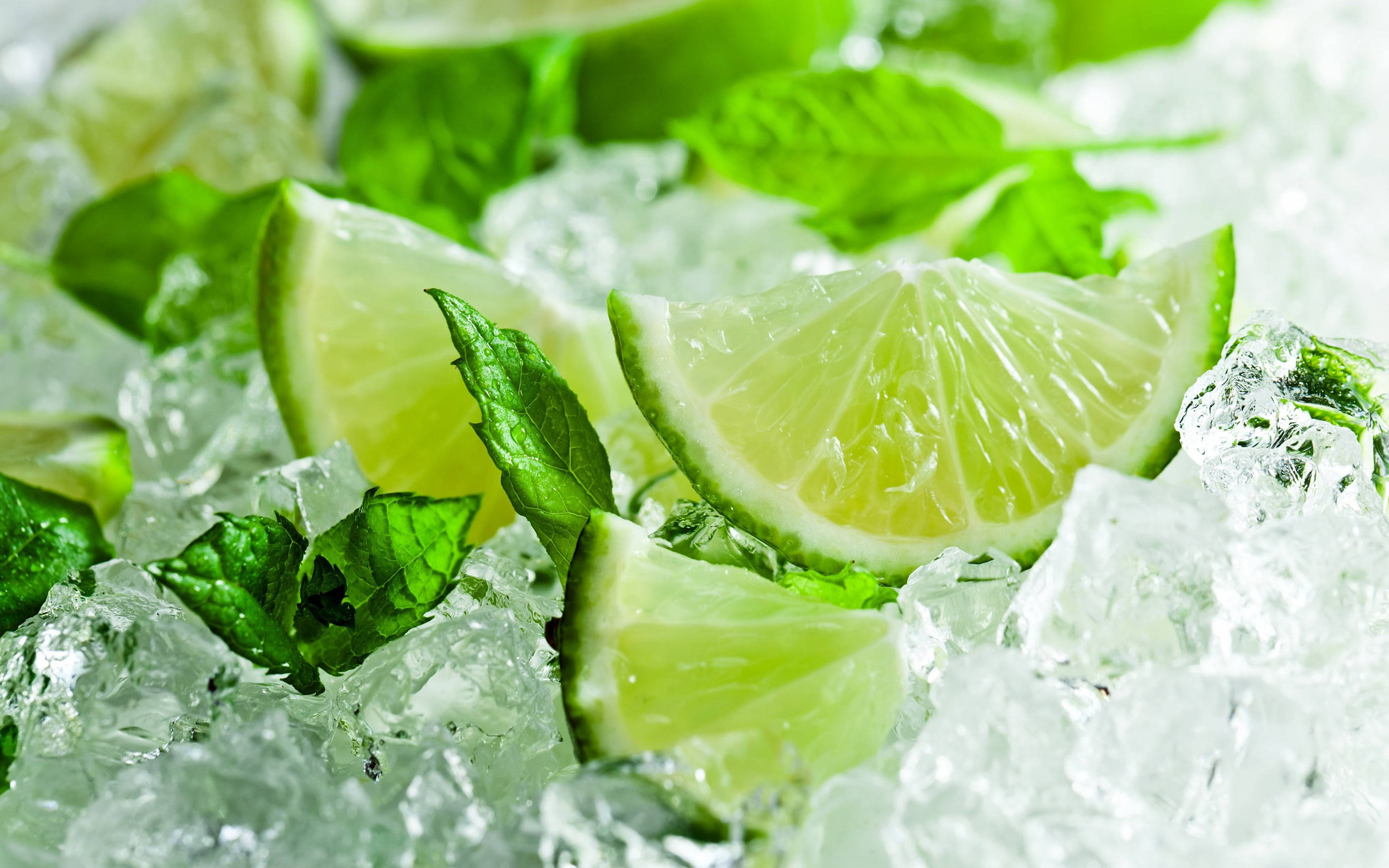 mint green, lime wedges, mint leaves, 2K Desktop Wallpaper