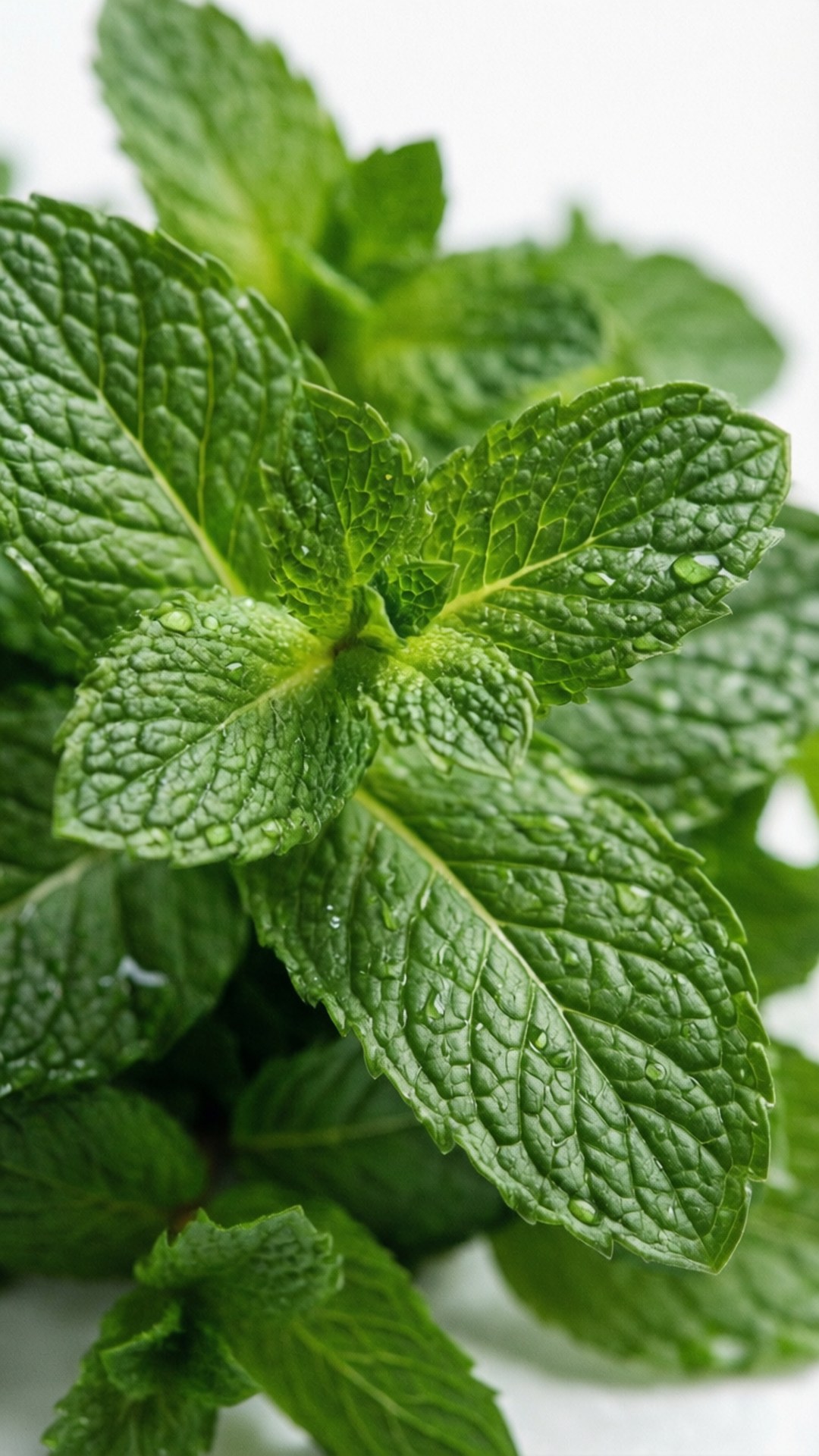 fresh mint leaves, dew drops, bright white background, Full HD Phone Wallpaper
