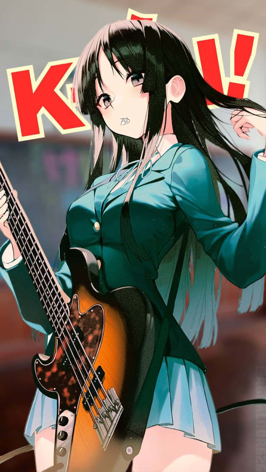 Mio Akiyama, electric bass guitar, bold red 'KILL!' text, HD Phone Wallpaper