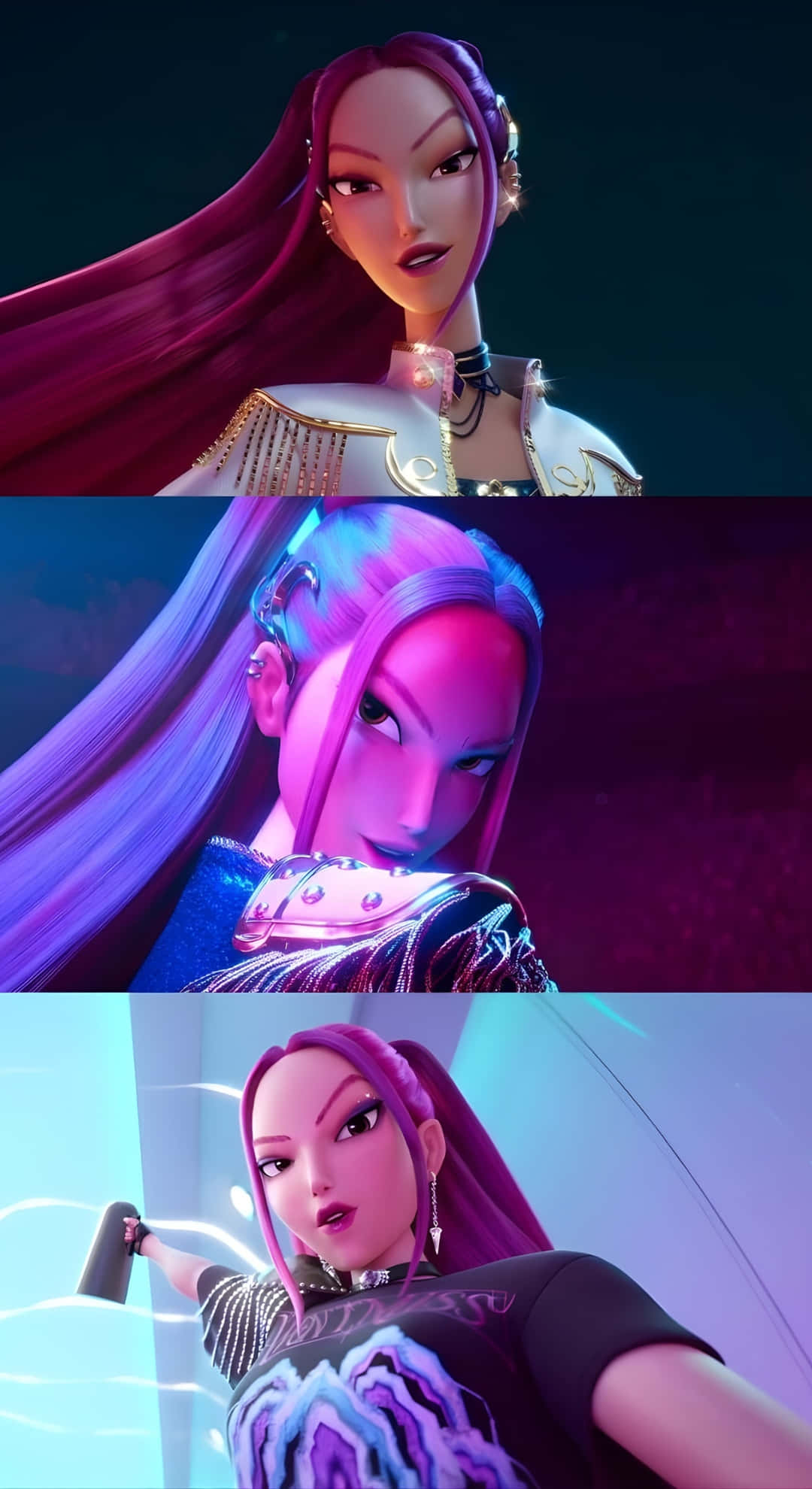 Mira Kpop Demon Hunters, purple hair, futuristic outfits, Full HD Phone Wallpaper