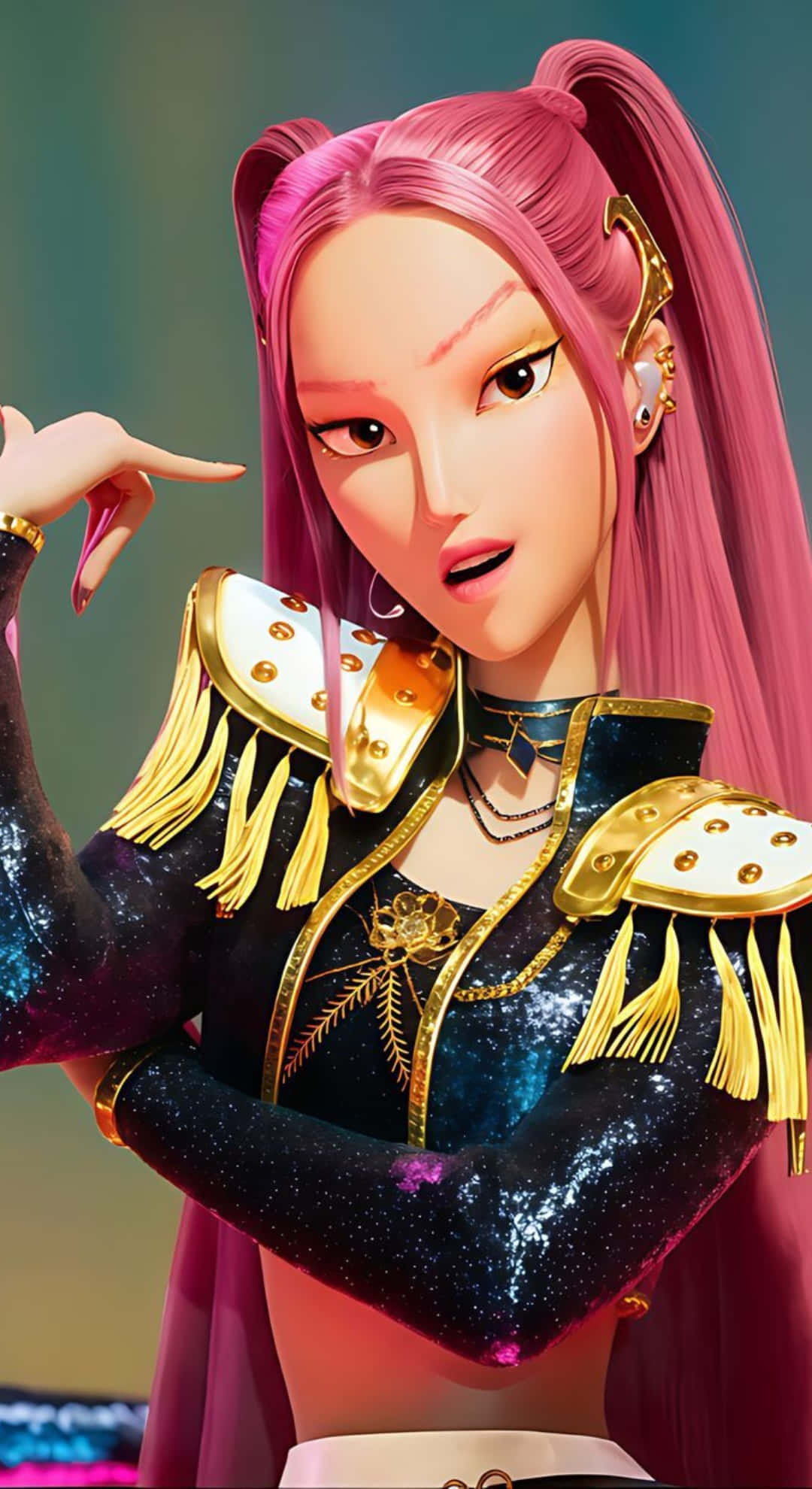 Mira Kpop Demon Hunters, pink hair, gold-trimmed black outfit, Full HD Phone Wallpaper