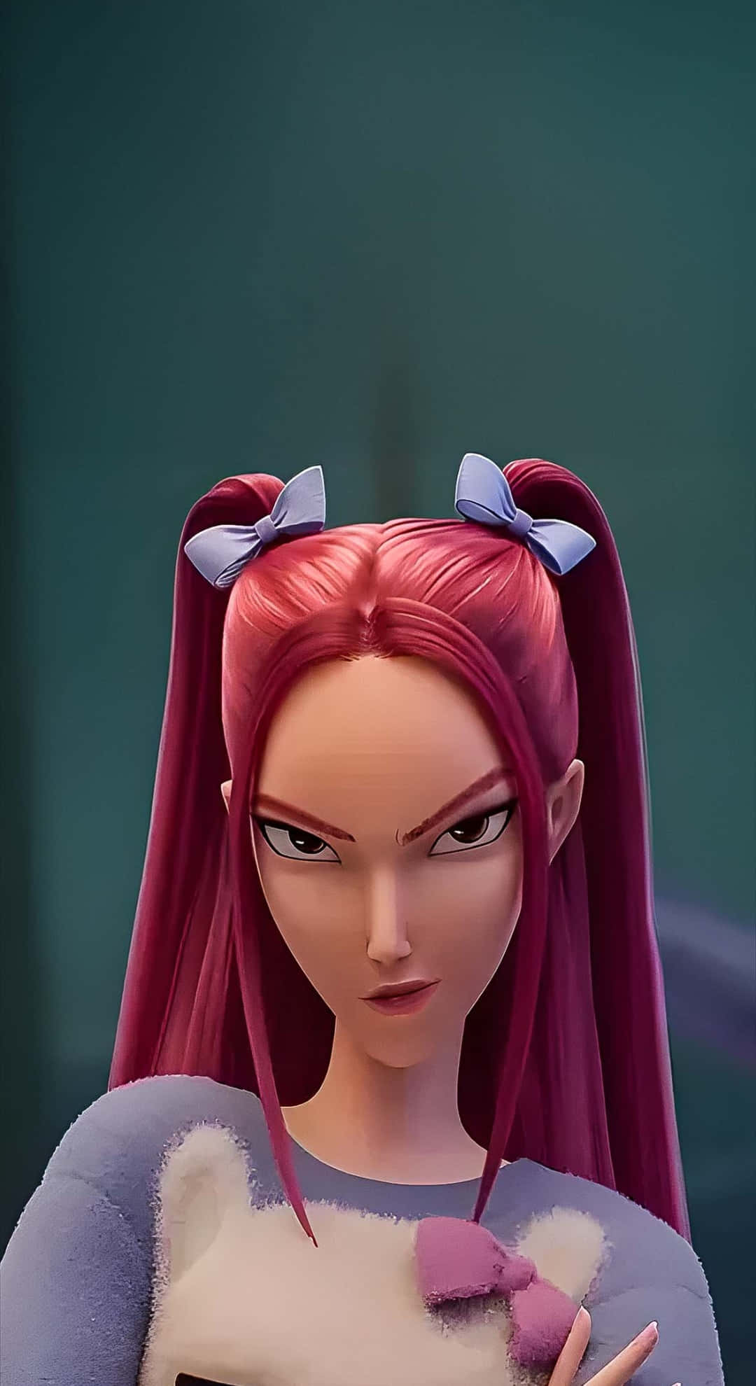Mira Kpop Demon Hunters, long red pigtails, blue bows, Full HD Phone Wallpaper