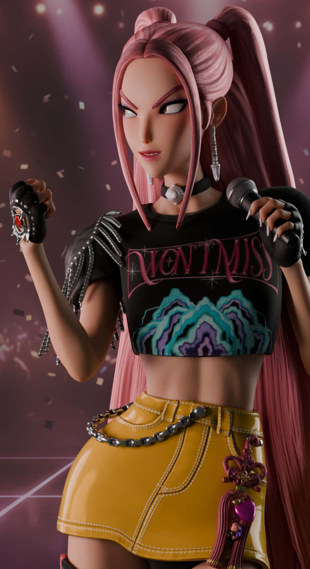Mira Kpop Demon Hunters, pink hair, purple stage lights, Full HD Phone Wallpaper