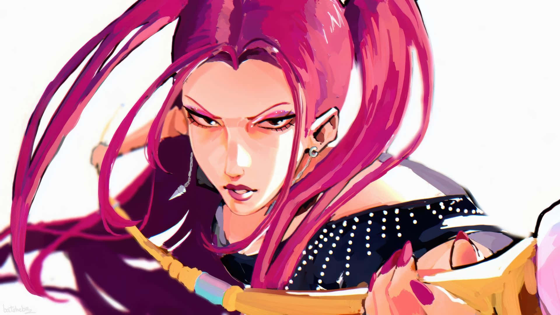 Mira Kpop Demon Hunters, vibrant pink hair, intense gaze, Full HD Desktop Wallpaper