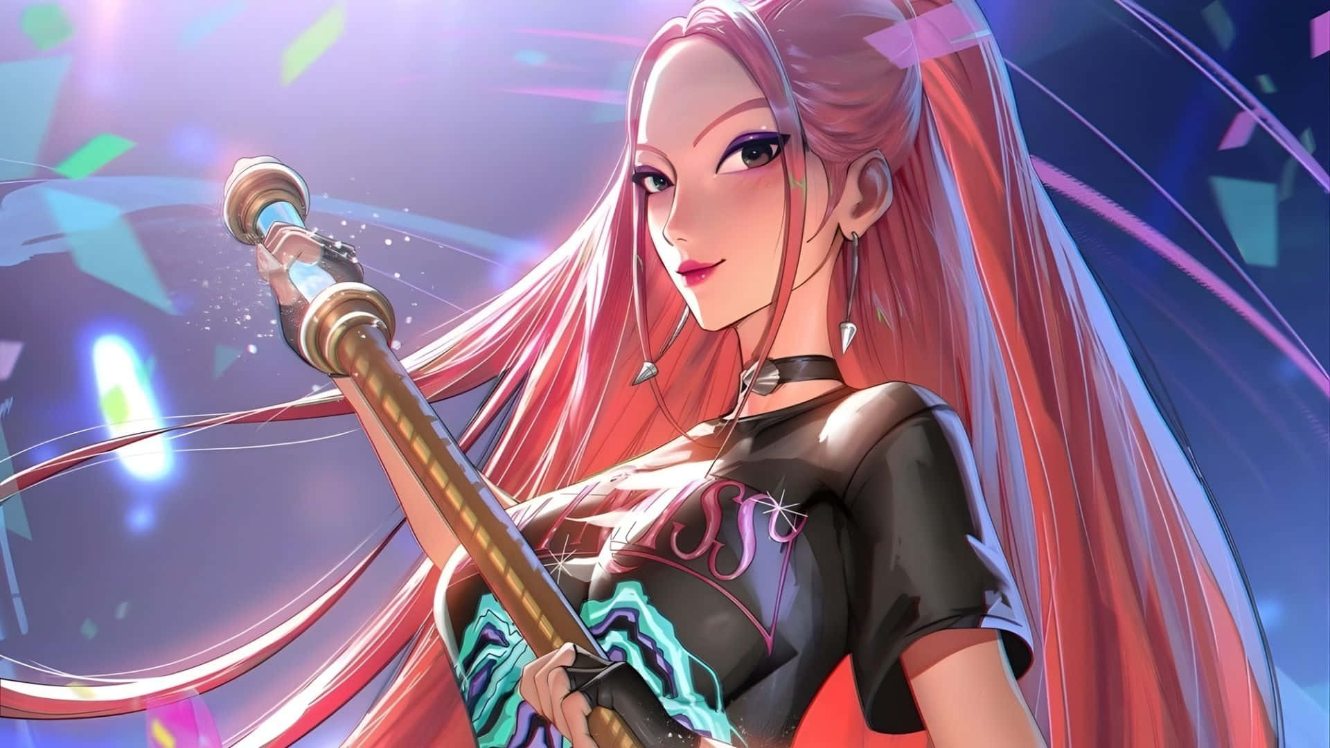 Mira Kpop Demon Hunters, pink hair, glowing sword, Full HD Desktop Wallpaper