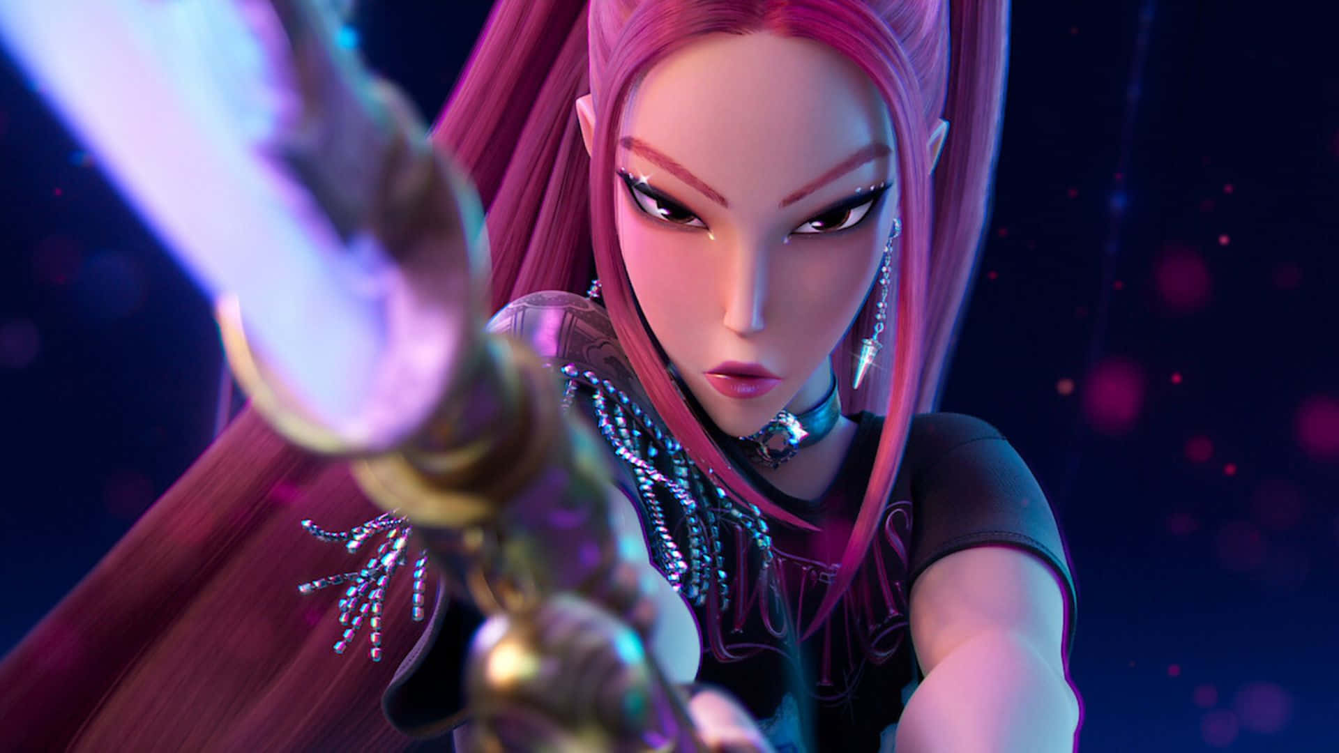 Mira Kpop Demon Hunters, anime-style warrior, long pink hair, Full HD Desktop Wallpaper