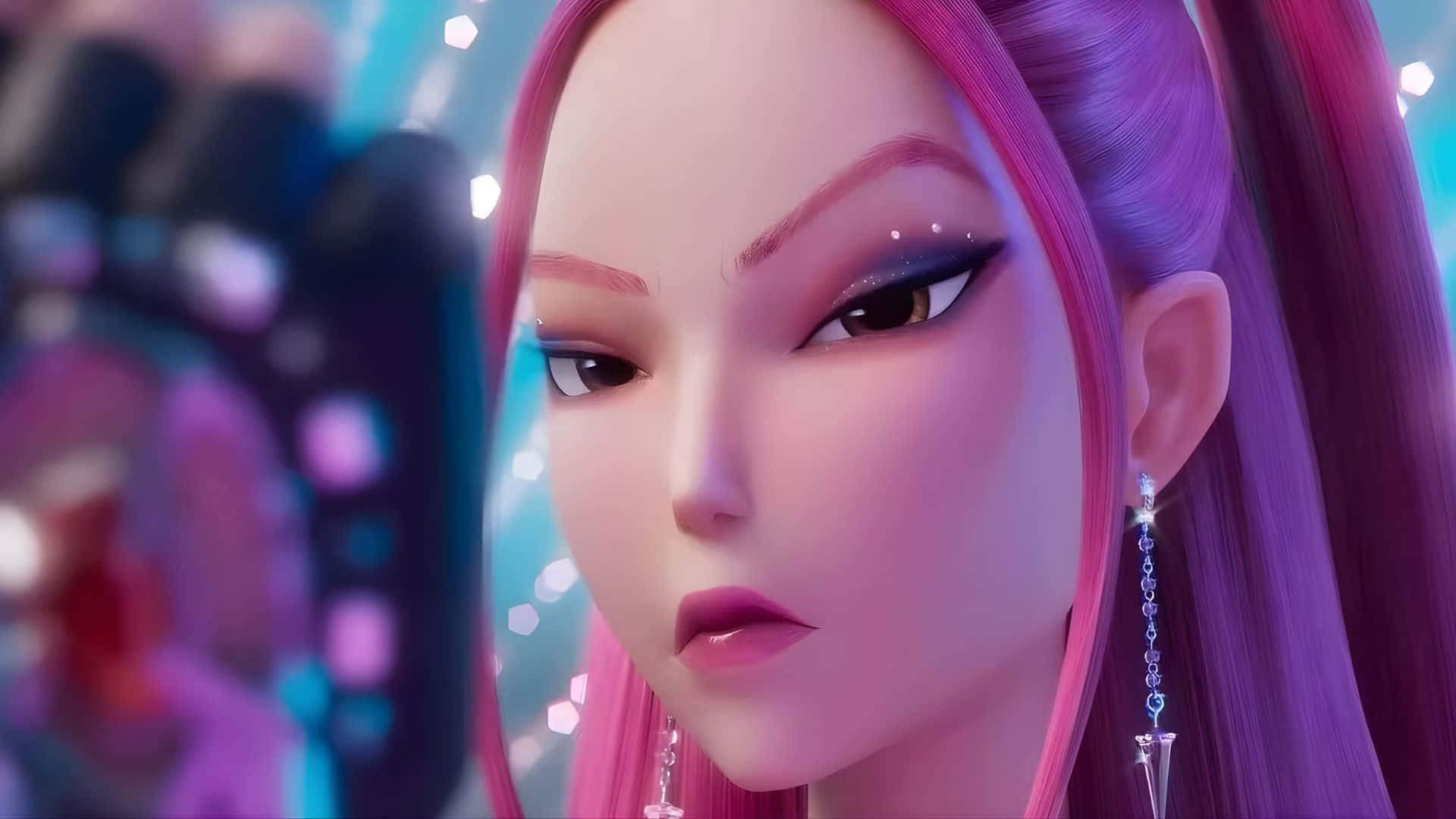 Mira Kpop Demon Hunters, vibrant pink hair, glittery makeup, Full HD Desktop Wallpaper