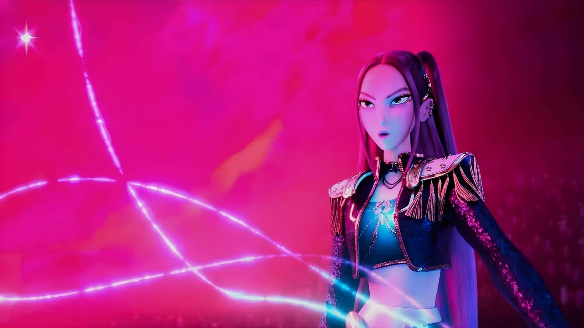Mira Kpop Demon Hunters, purple hair, pink neon-lit background, Full HD Desktop Wallpaper