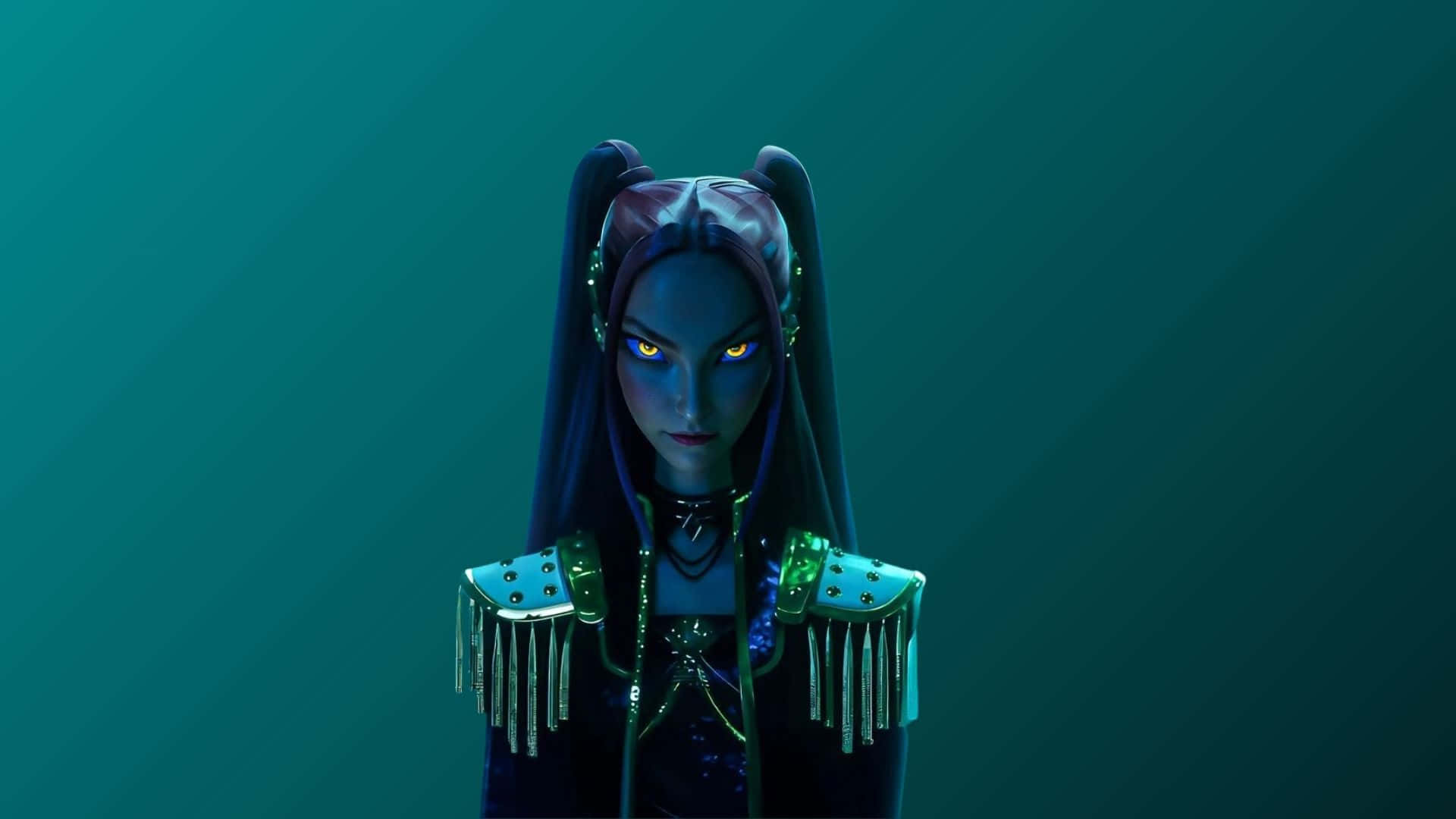 Mira Kpop Demon Hunters, blue-skinned, glowing yellow eyes, Full HD Desktop Wallpaper