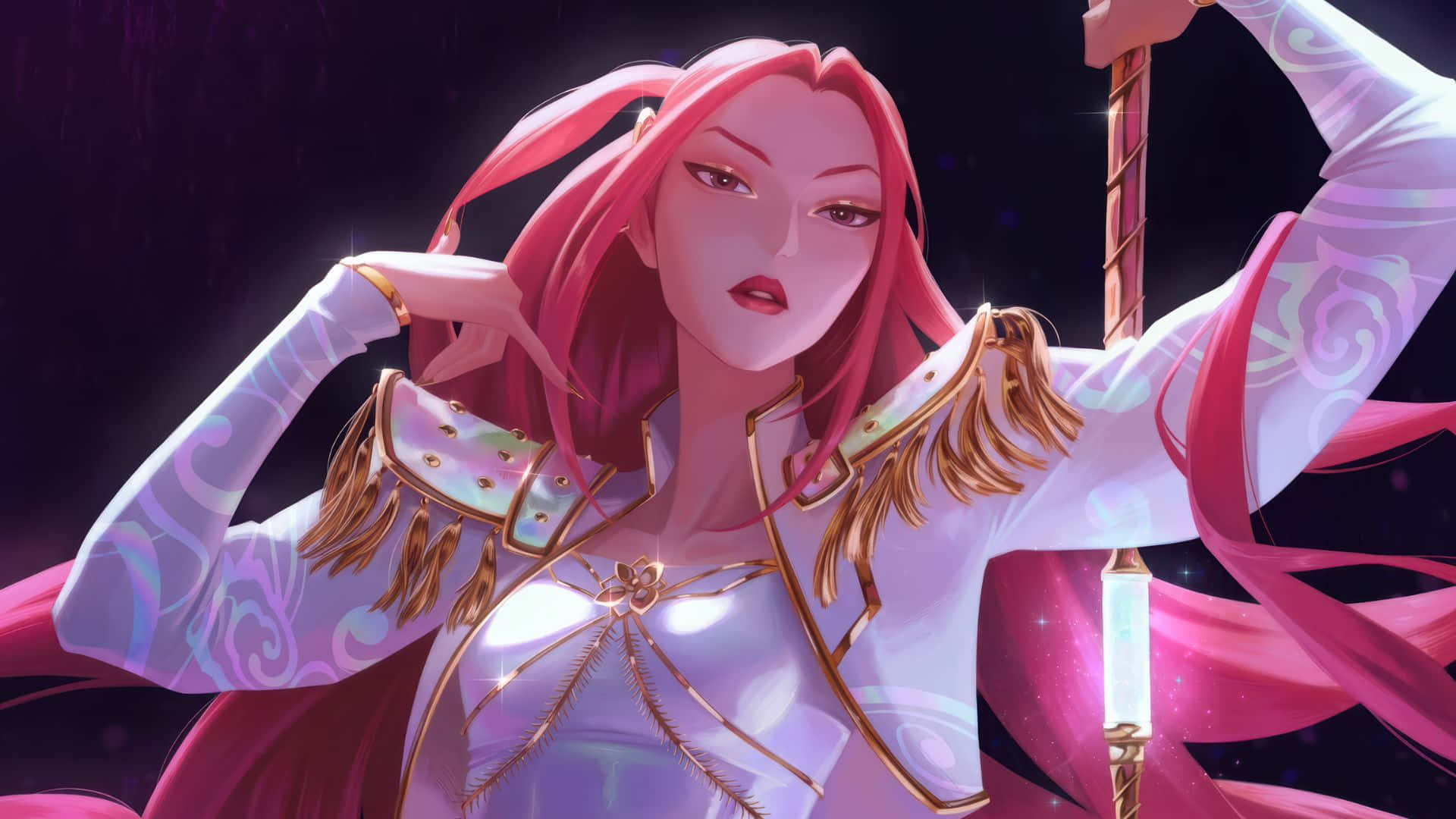 Mira Kpop Demon Hunters, pink-haired warrior, white and gold armor, Full HD Desktop Wallpaper